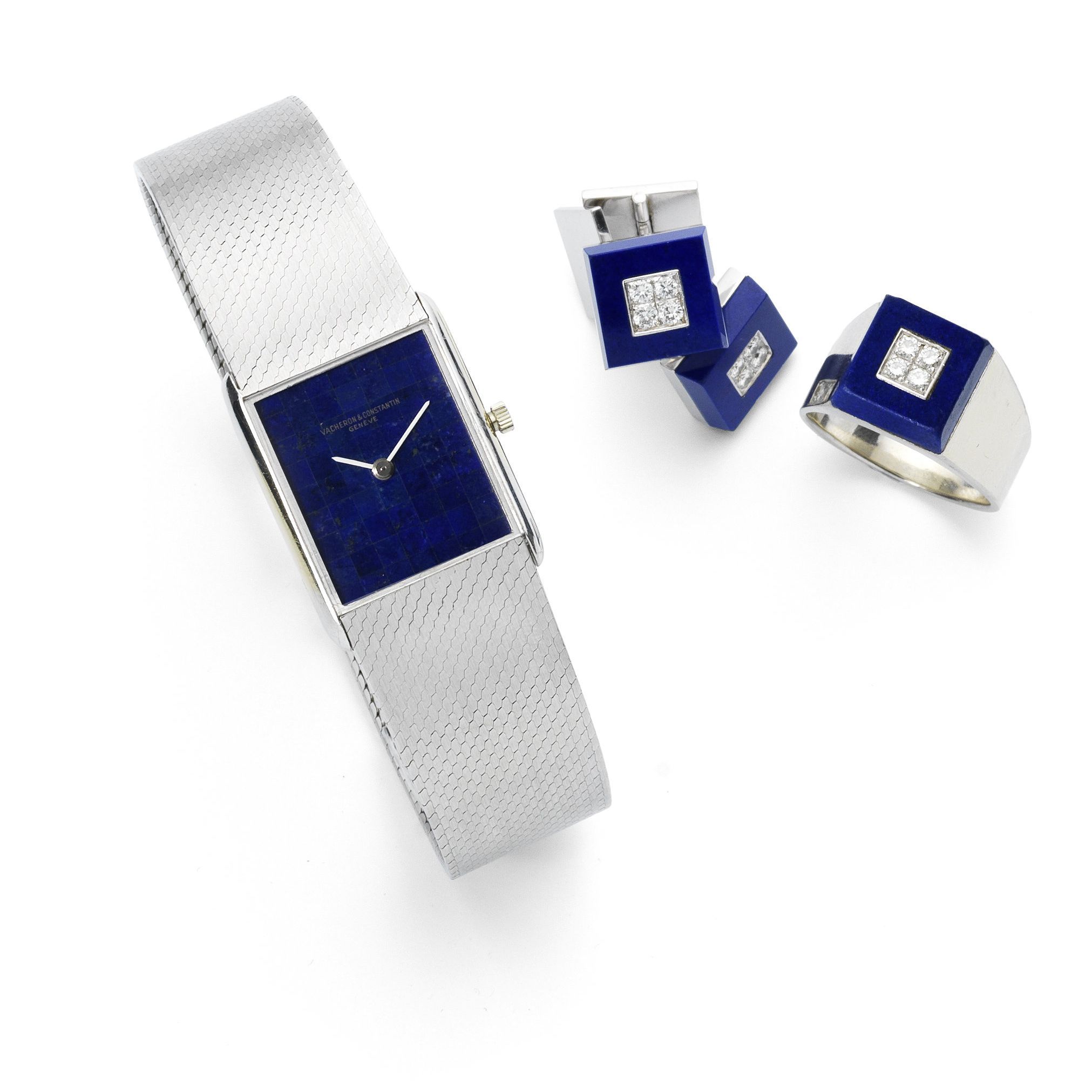Vacheron & Constantin. An 18ct white gold manual wind bracelet watch with lapis lazuli dial together with associated diamond set ring and cufflinks Case No.475526 ...
