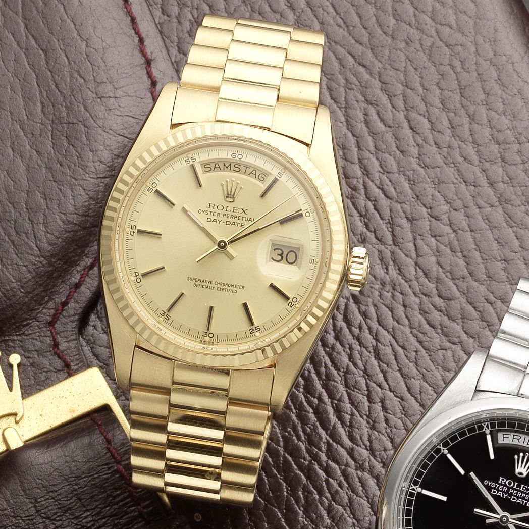 Rolex. An 18ct gold automatic calendar bracelet watch Oyster Perpetual Day-Date, Ref:1803, Serial No.5016***, Sold 20th August 1977