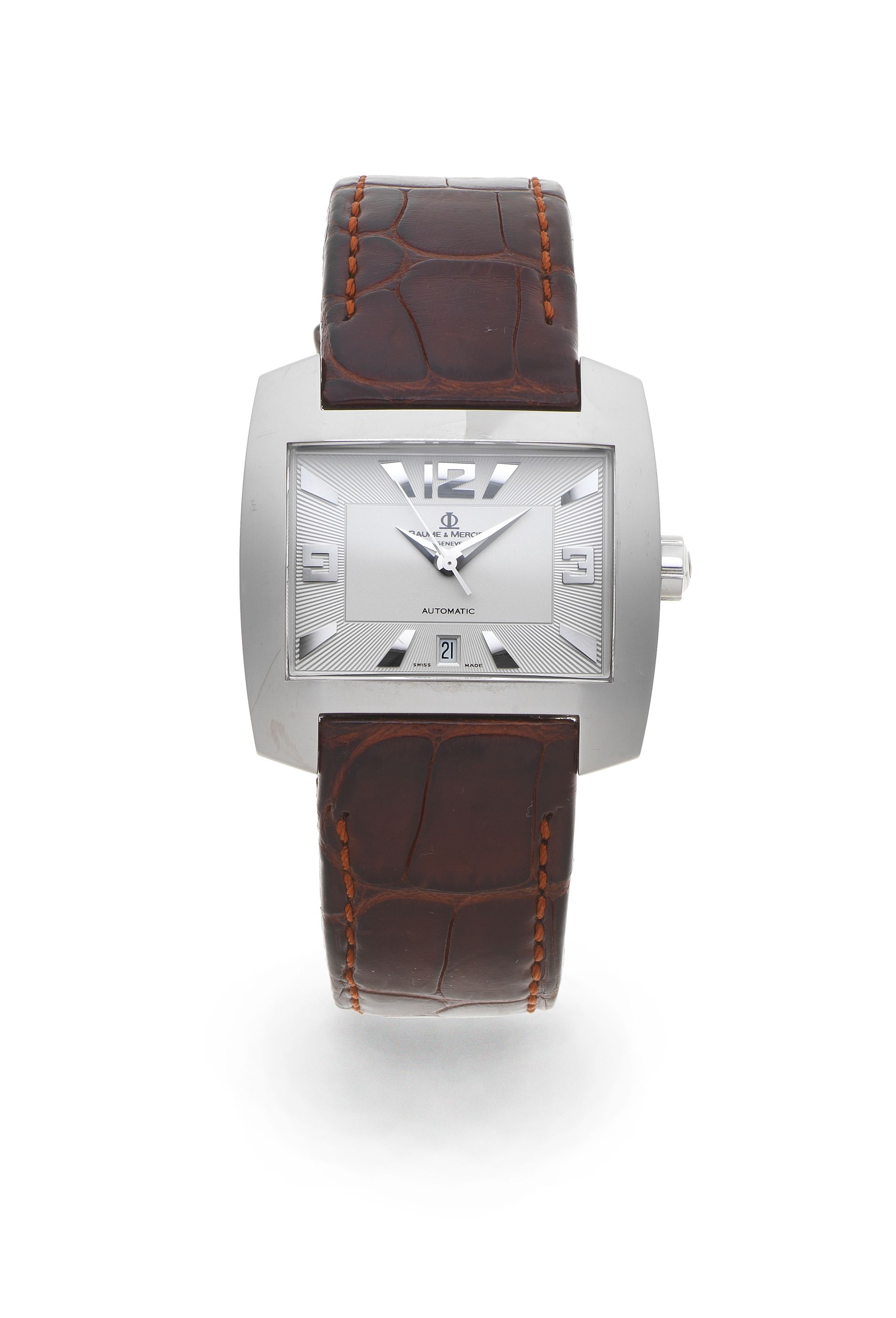 Baume & Mercier. A stainless steel automatic rectangular calendar wristwatch Hampton Spirit, Ref: 65394, Sold 16th September 2002