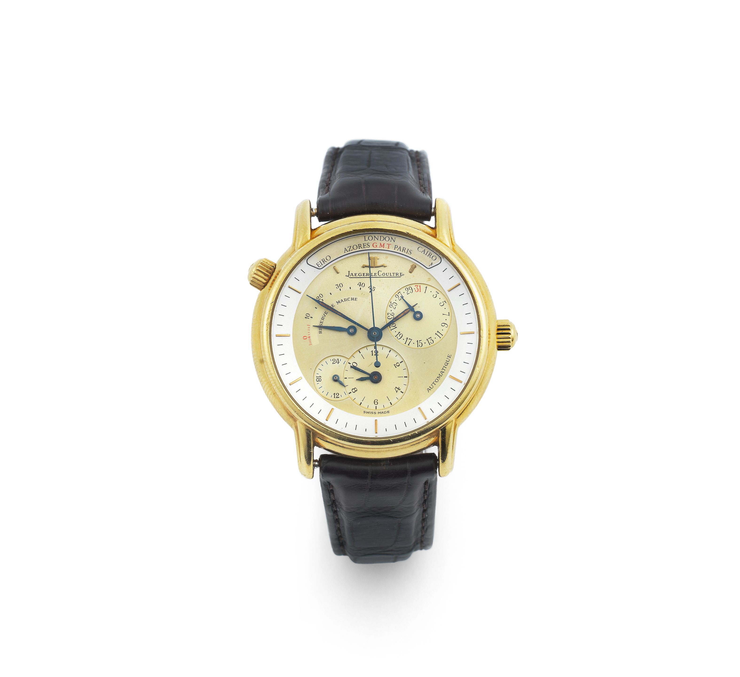 Jaeger-LeCoultre. An 18K gold automatic calendar wristwatch with dual time zone and power reserve Geographique, Ref: 169.2.92, Circa 2000