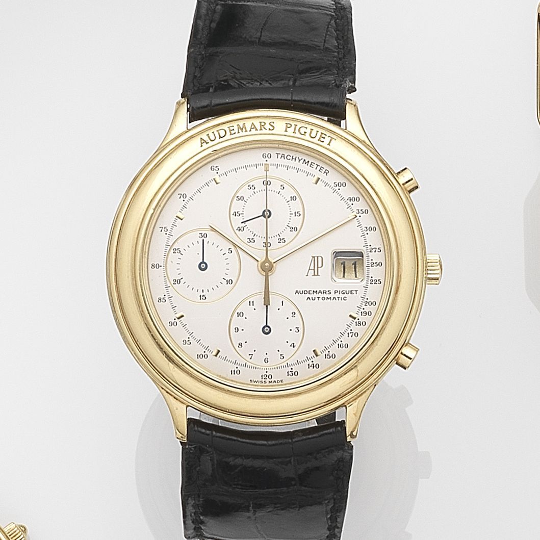 Audemars Piguet. An 18ct gold automatic calendar chronograph wristwatch Huitieme, Case No.C41502, Movement No.245455, Sold 15th June 1988