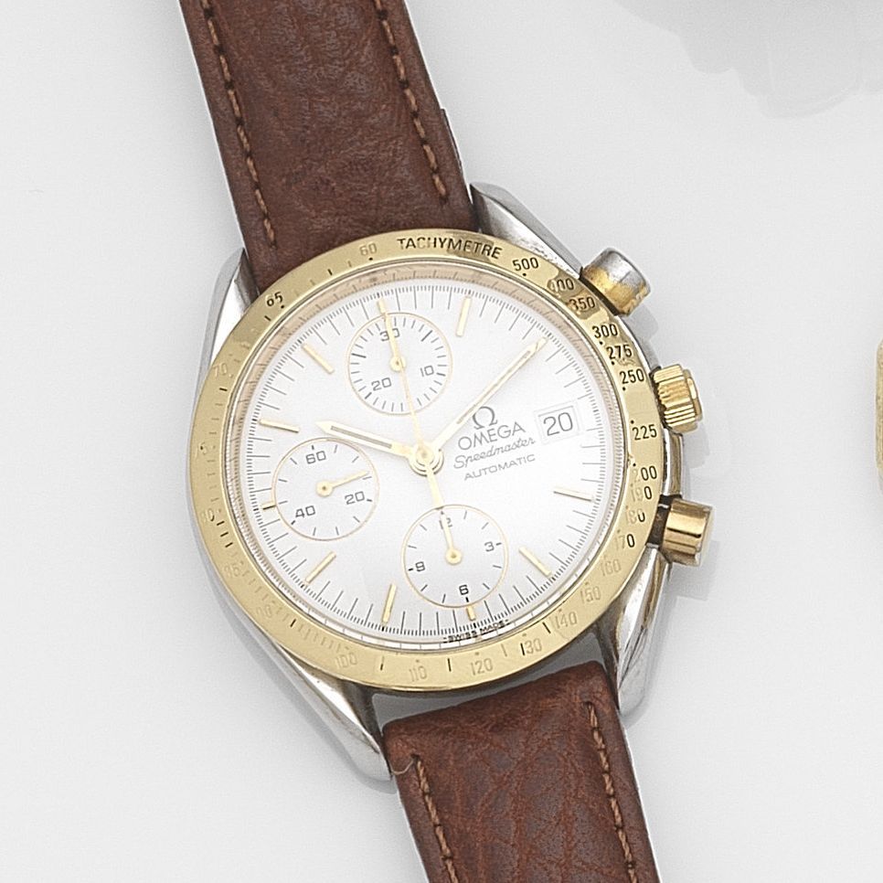 Omega. A stainless steel and gold automatic calendar chronograph wristwatch Speedmaster, Ref:7750, Case No.1750043, Circa 1990