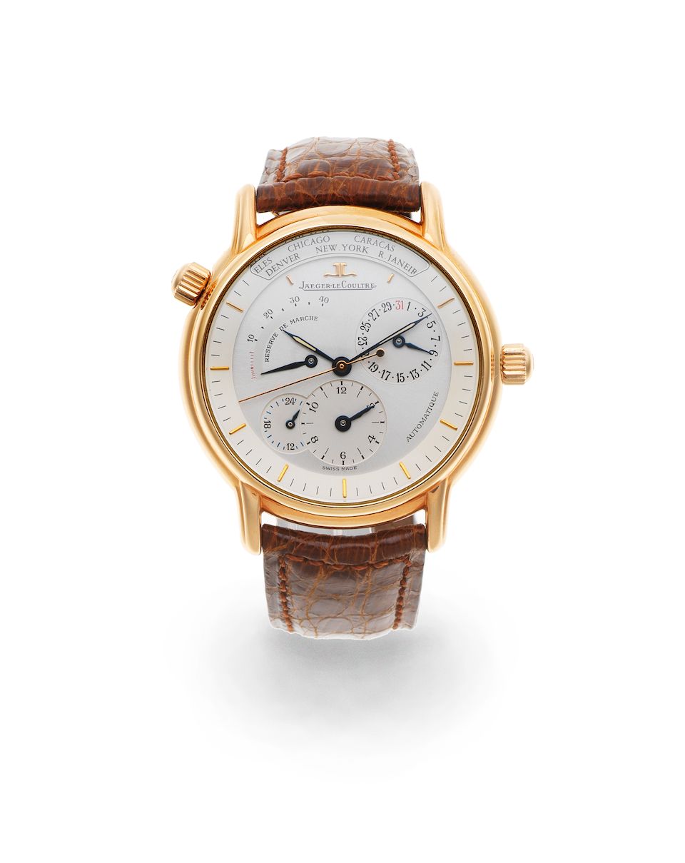 Jaeger-LeCoultre. An 18K gold automatic calendar wristwatch with dual time zone and power reserve Geographique, Ref: 169.2.92, Circa 2000