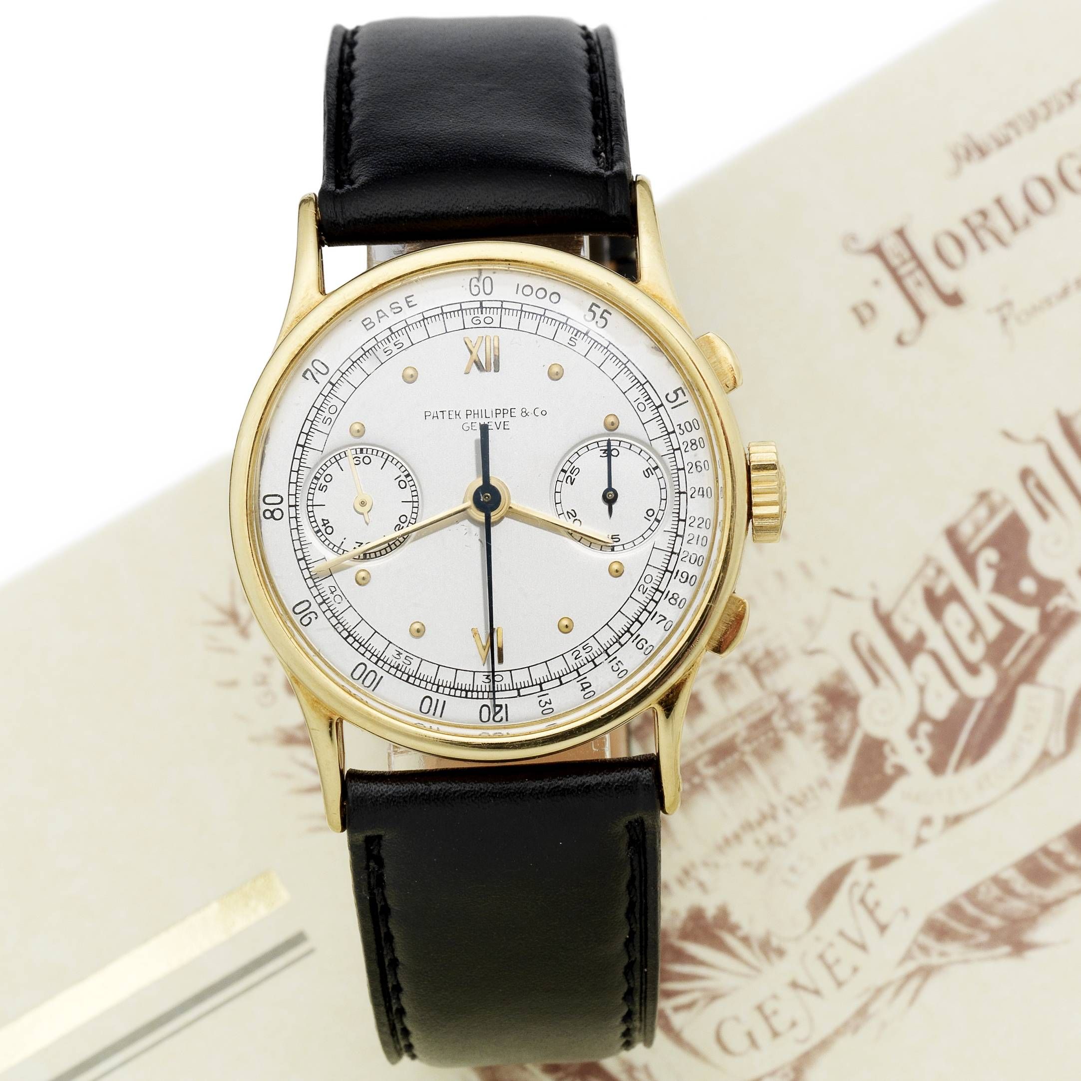 Patek Philippe. A fine and rare 18ct gold chronograph wristwatch together with Patek Philippe Extract from Archives and fitted box Ref:533, Case No.621724, Movement No.862463, ...