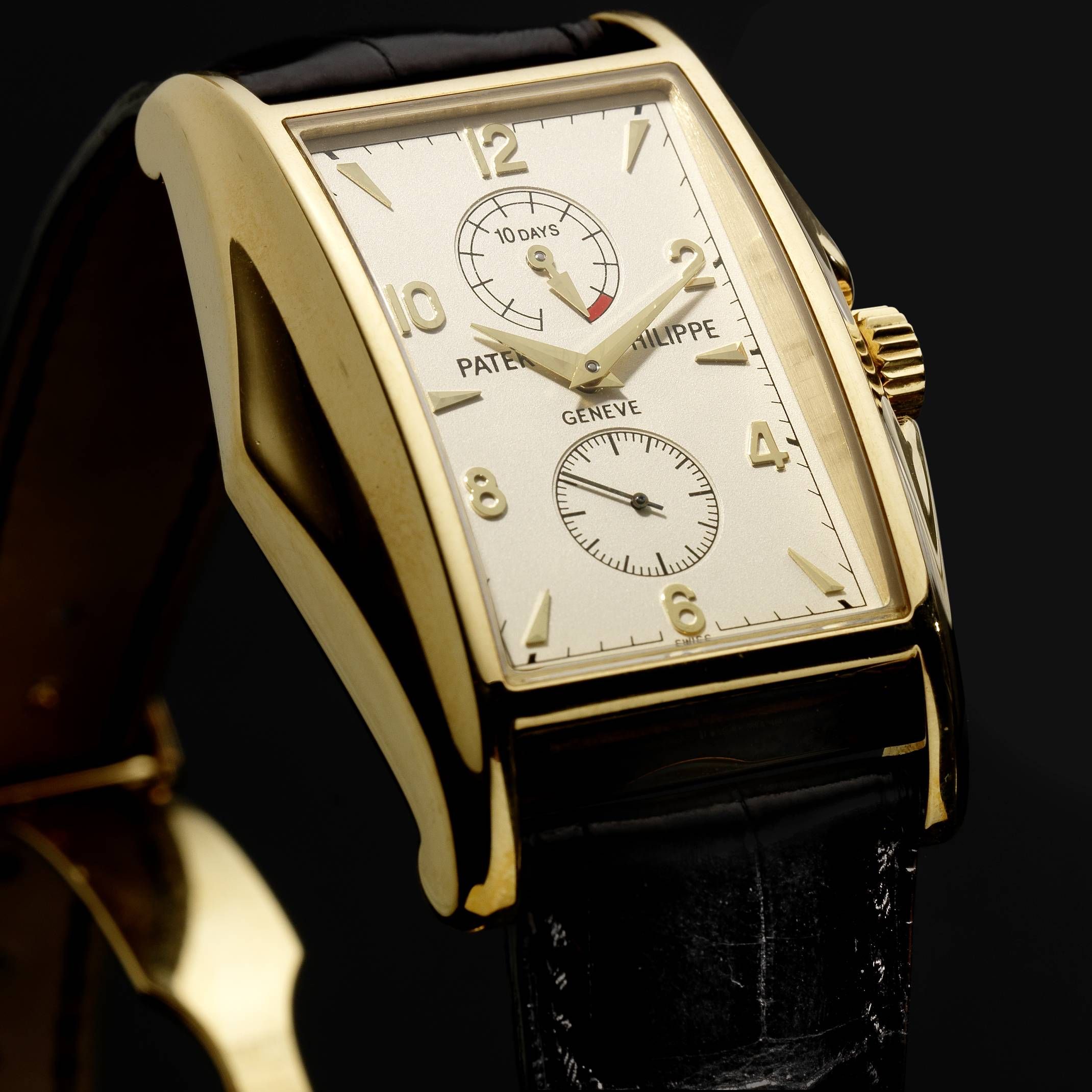 Patek Philippe. A fine and rare 18ct gold limited edition rectangular manual wind wristwatch with 10-day power reserve and Extract from Archives Ref:5100 Case No.4111120, ...