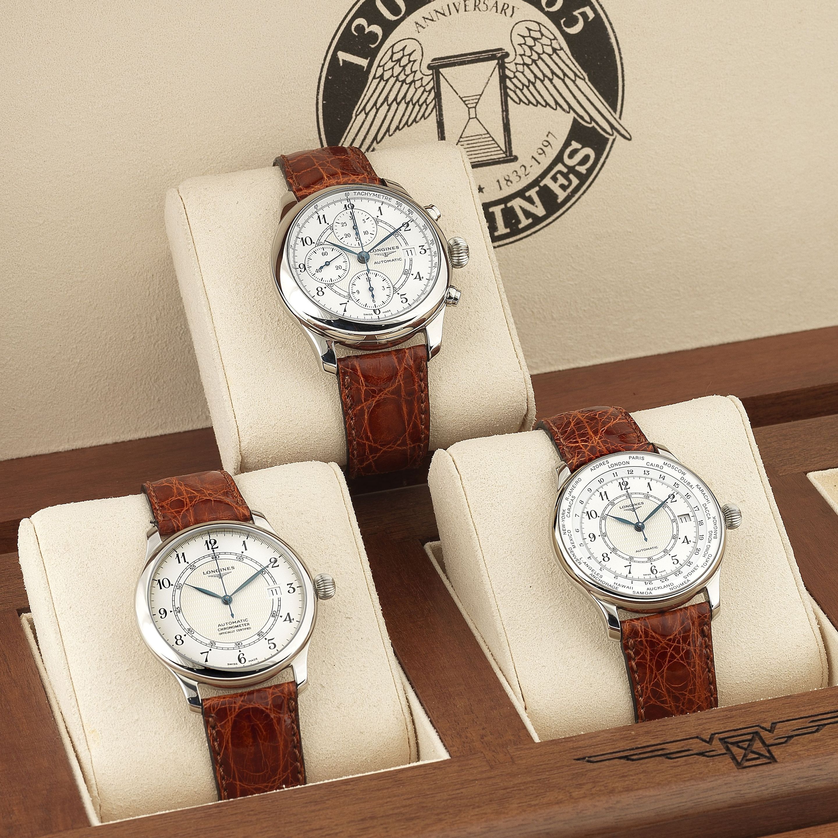 Longines. A set of three stainless steel automatic aviator wristwatches Le Coffret Anniversaire De Longines, No.319/1000, Comprising; World Timer, Ref:L 2.614.4.13.2; Automatic Chronograph, Ref:L 2.615.4.13.2; ...