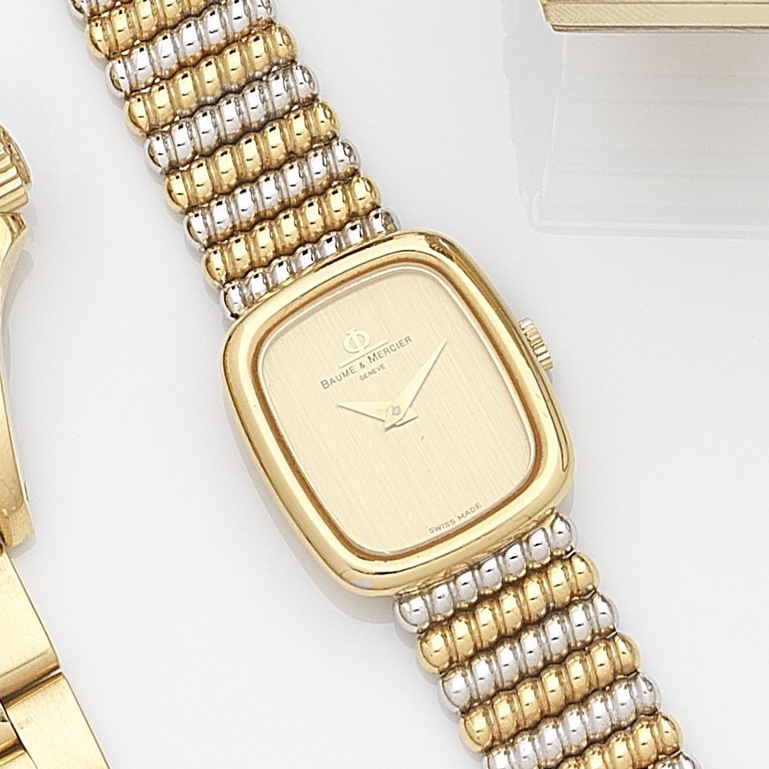 Baume & Mercier. A lady's 18ct yellow and white gold manual wind bracelet watch Ref:38263 9, Case No.899823, Sold 3rd December 1982
