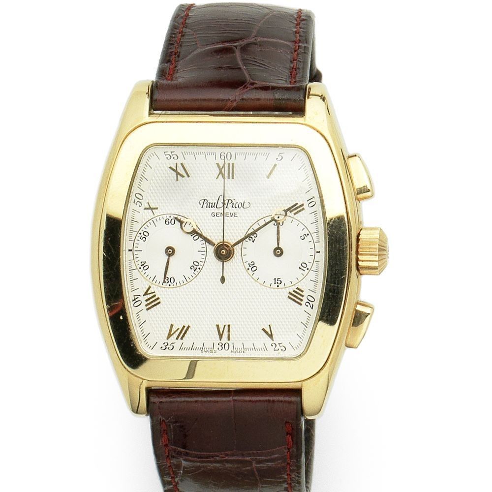 Paul Picot. An 18K gold manual wind chronograph tonneau wristwatch Firshire, Ref:DMA/002 490, No.202, Movement No.4497695, Circa 2010