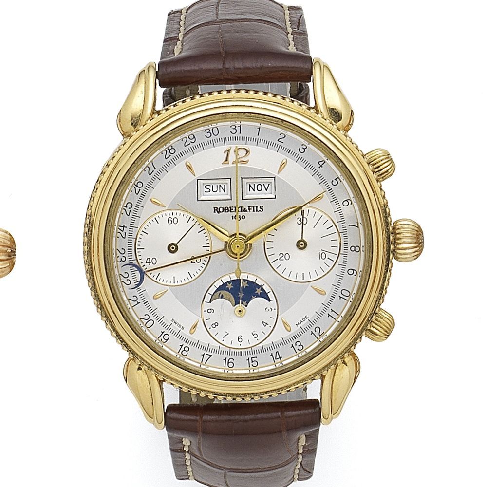 Robert & Fils. An 18K gold manual wind triple calendar chronograph wristwatch with moon phase Hommage A Maurice Robert Grande Complication, No.1933, Circa 2012