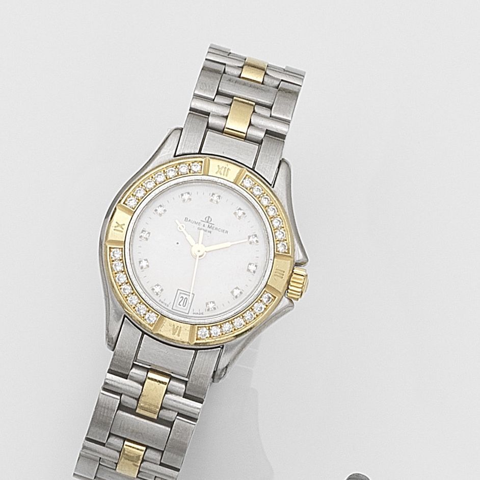Baume & Mercier. A lady's stainless steel and gold diamond set quartz bracelet watch Malibu, Ref:MV0145086, Case No.2463120, Circa 2000