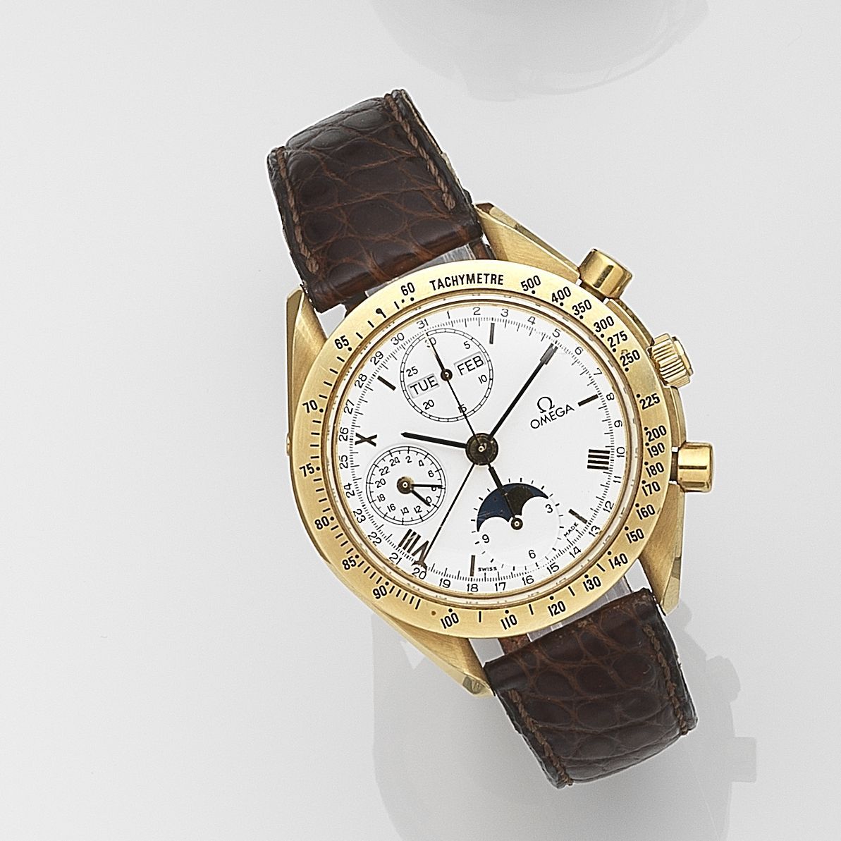 Omega. An 18ct gold automatic calendar chronograph wristwatch with moonphase Speedmaster, Ref:BA175 0034, Case No.51681092, Circa 1998