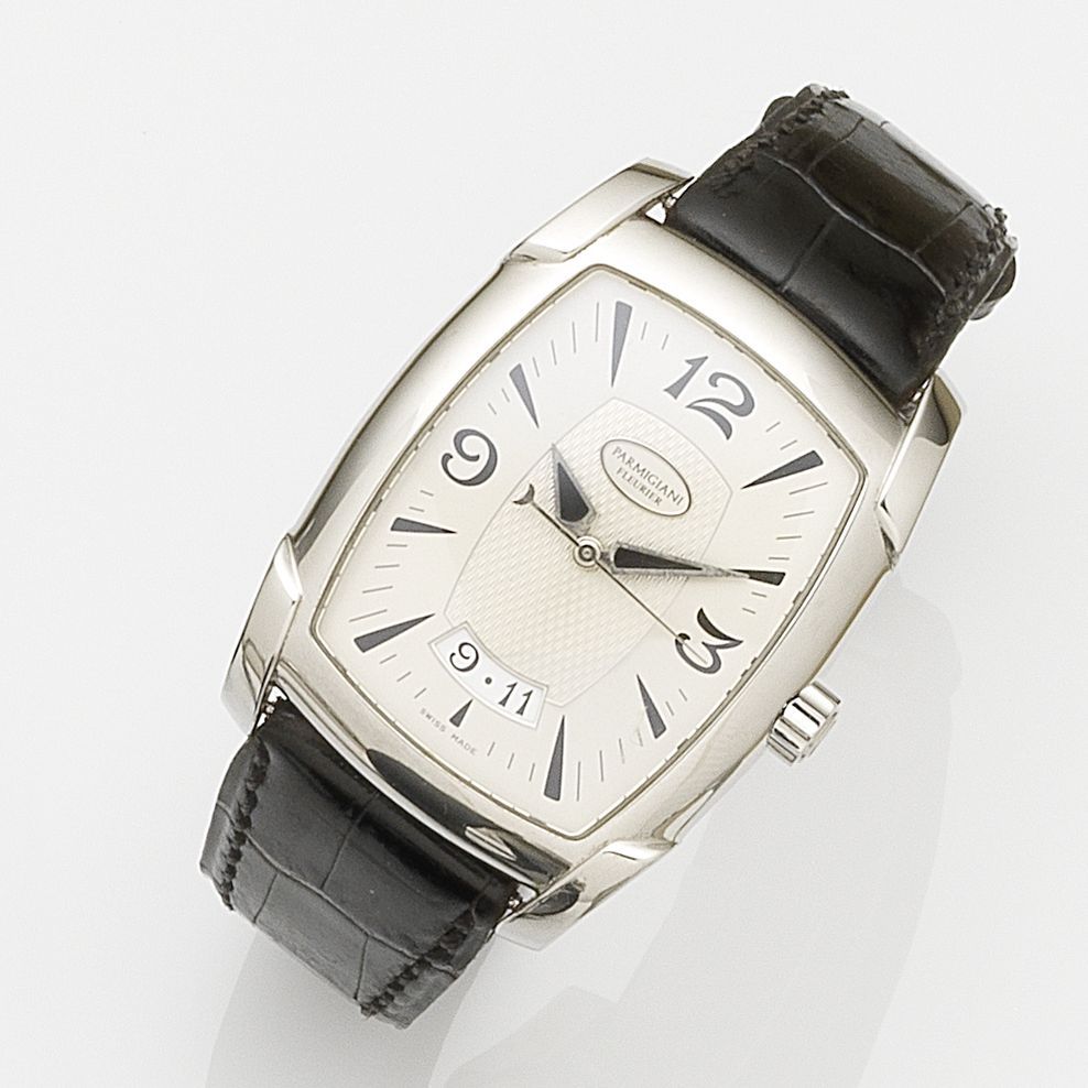 Parmigiani Fleurier. A stainless steel automatic calendar wristwatch Kalpa, Case No.9334, Movement No.009291, Circa 2010