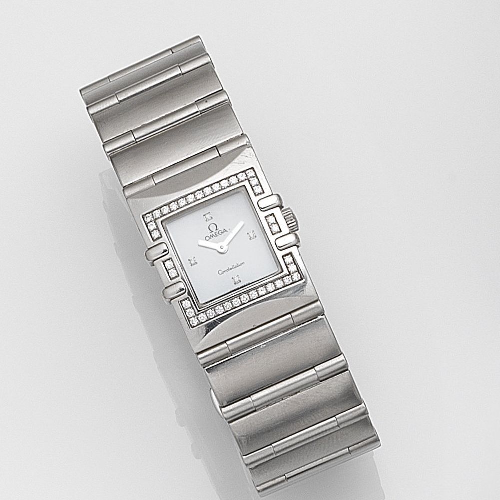 Omega. A lady's stainless steel and diamond set quartz bracelet watch Constellation Quadra, Case No.56951149, Circa 2003