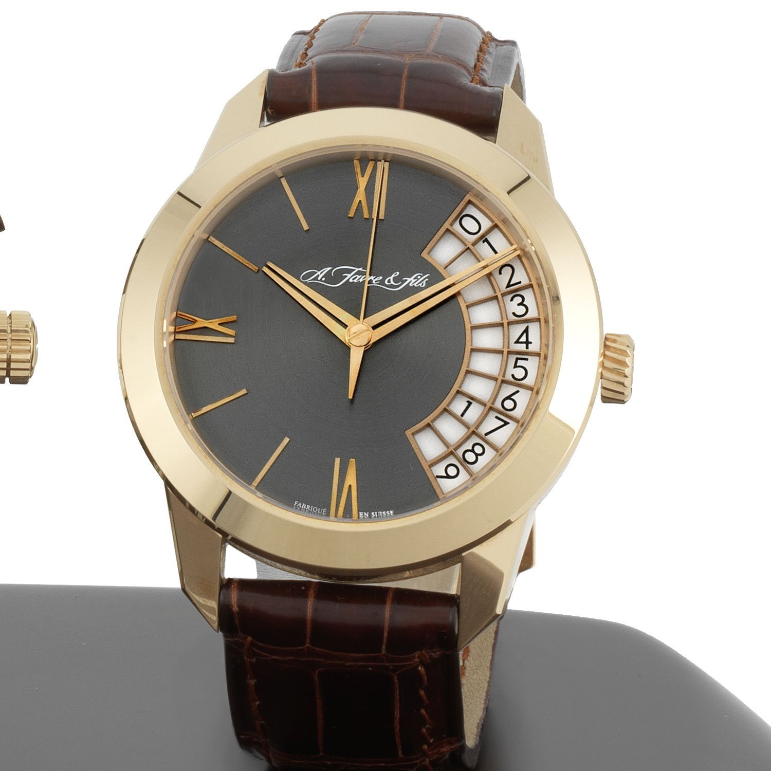 A. Favre & Fils. An 18K rose gold twin barrel manual wind calendar wristwatch Phoenix 10.1 Quantieme A Grand Affichage Rotatif, Ref:000-0044-AA, No.13/24, Movement No.0000044, ...
