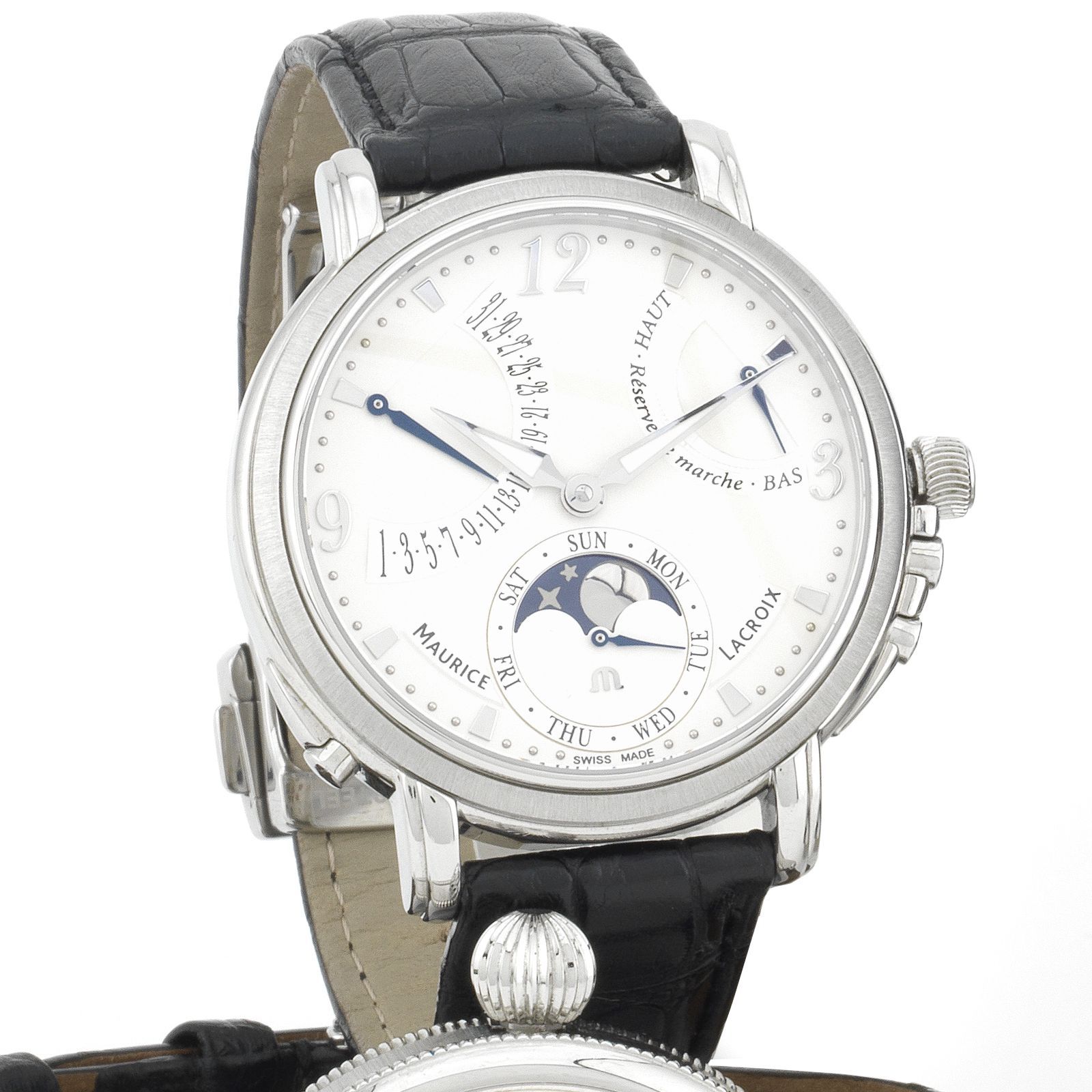 Maurice Lacroix. A stainless steel manual wind calendar wristwatch with power reserve and moon phase Lune Retrograde, Ref:MP7078, Case No.AL20641, Sold 29th October 2009
