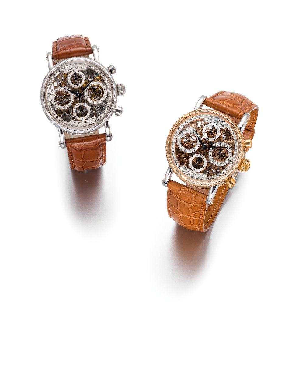 Chronoswiss. A stainless steel automatic skeletonised calendar chronograph wristwatch with box and papers Opus Skeleton Chronograph, Ref:CH7523, Case No.7 551, Movement No.1311, Circa 2005