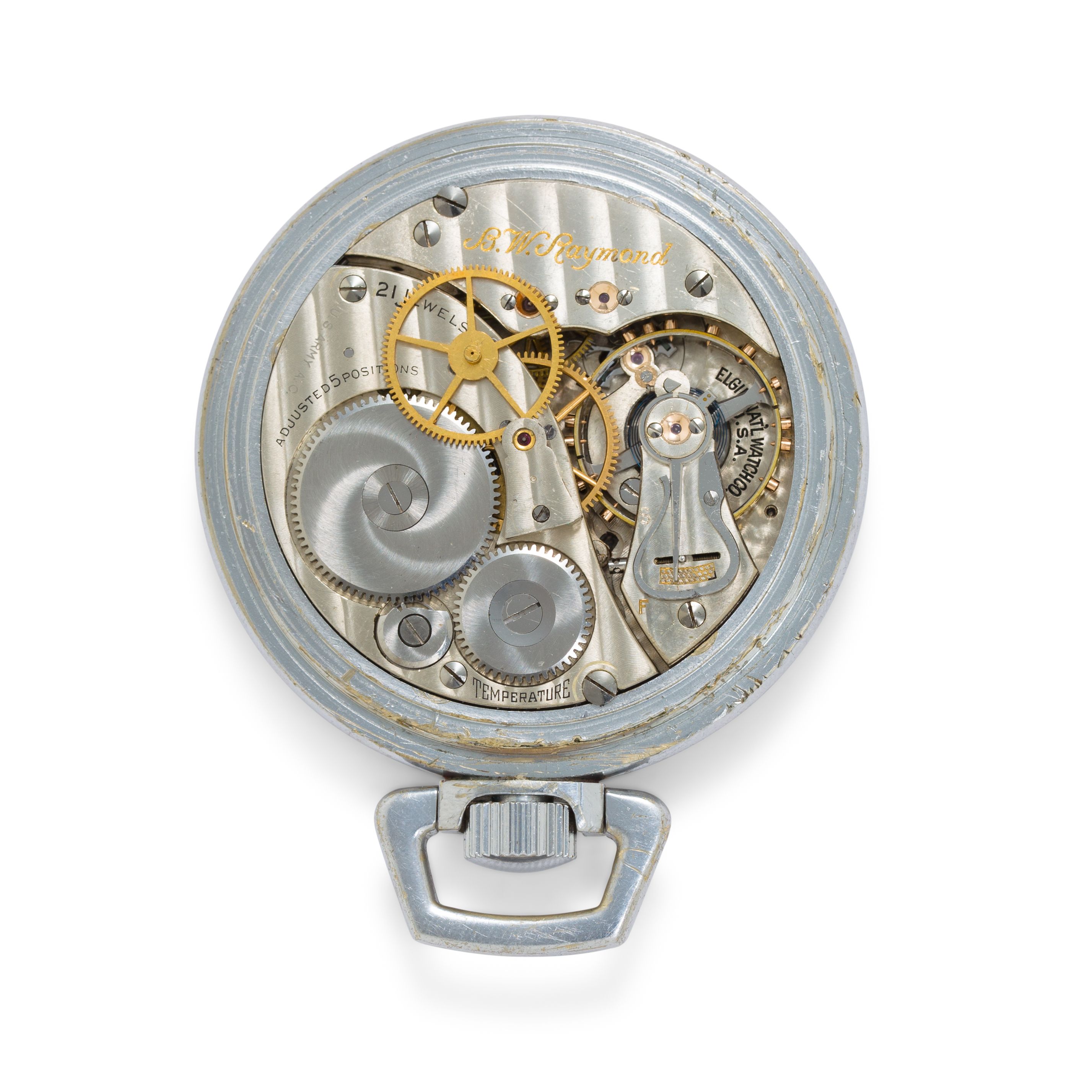 Elgin. A fine and rare open face military center seconds navigation watch with 24-hour dial and winding indicatorB. W. Raymond, unnumbered, possibly a prototype, the ...