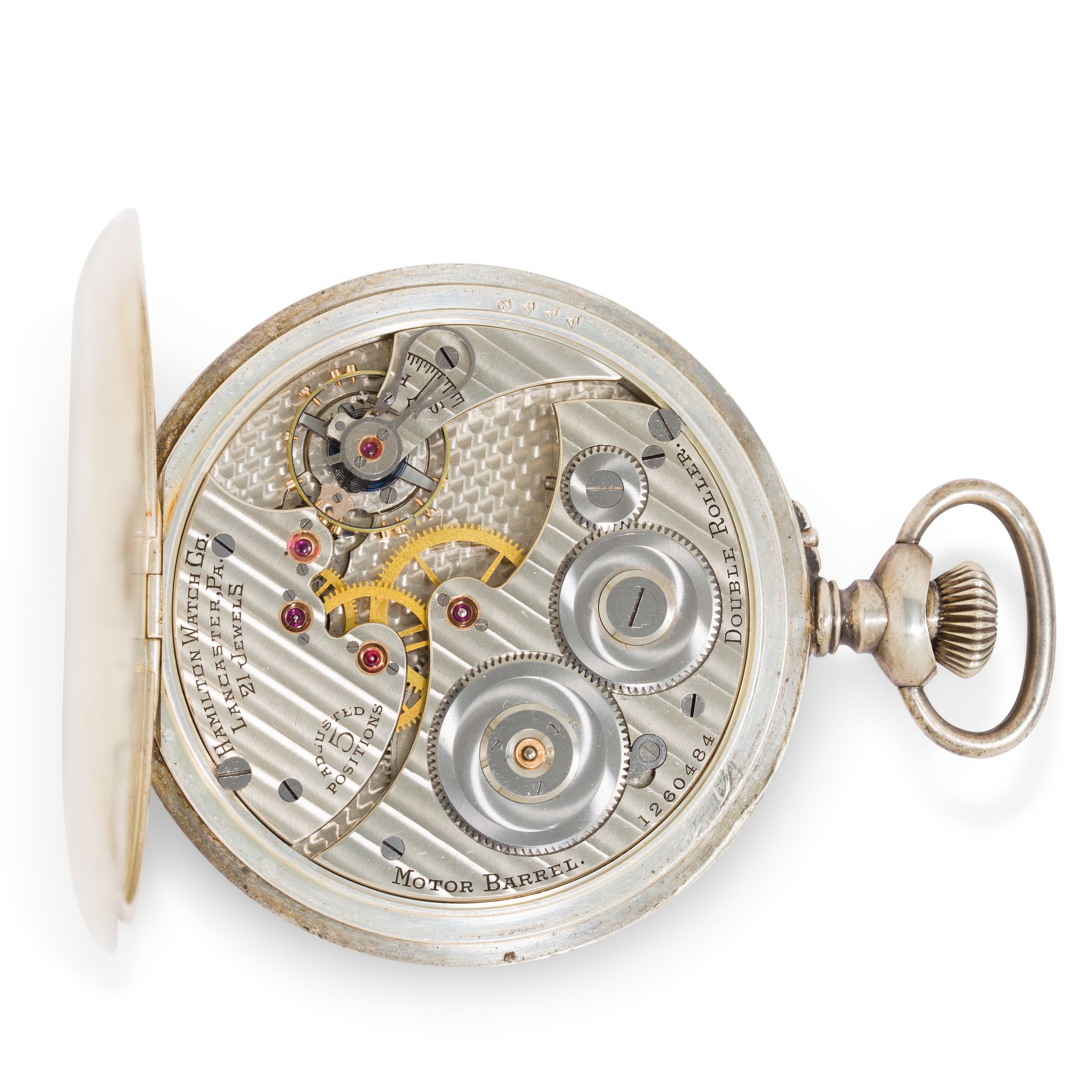 Hamilton. A fine and large silver open face deck watch with winding indicator and a mahogany deck boxNo. 1260484