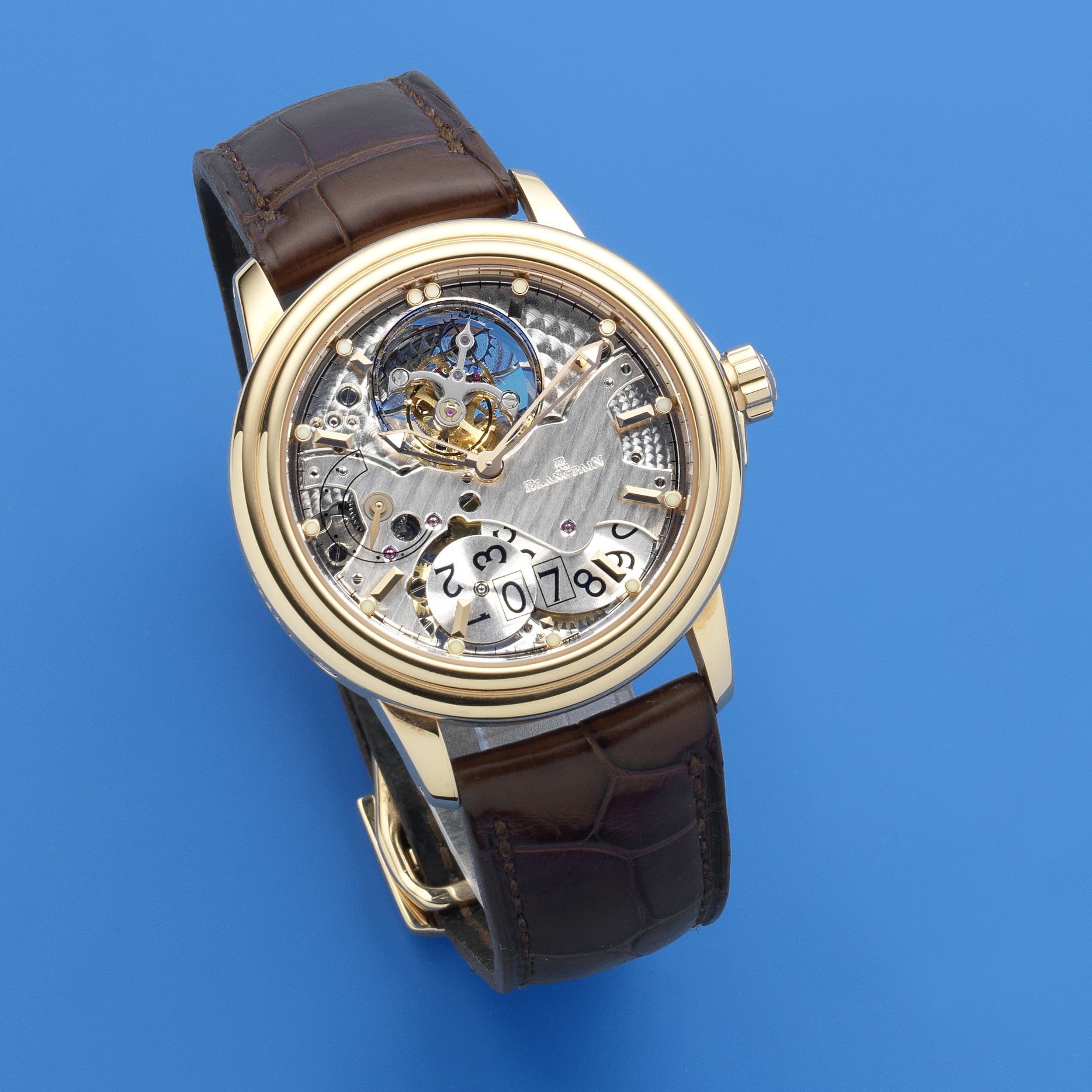 Blancpain. A very fine and rare 18K rose gold automatic semi-skeletonised tourbillon calendar wristwatch with 8 day power reserve Léman, Edition No.10/50, Recent