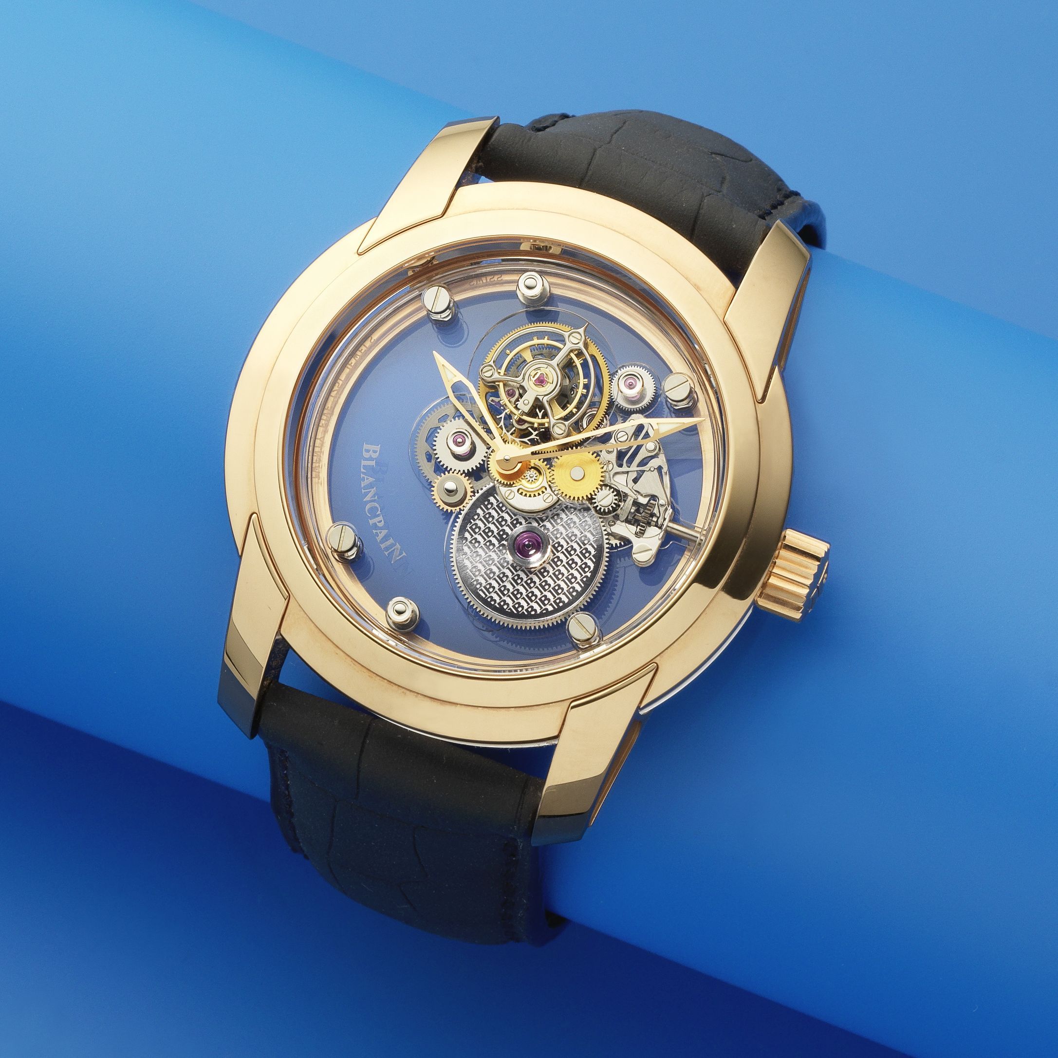 Blancpain. A very fine and rare 18K rose gold manual wind carrousel wristwatch with sapphire movement plates L-Evolution Carrousel Saphir Volant Une Minute, Edition No.31/50, ...