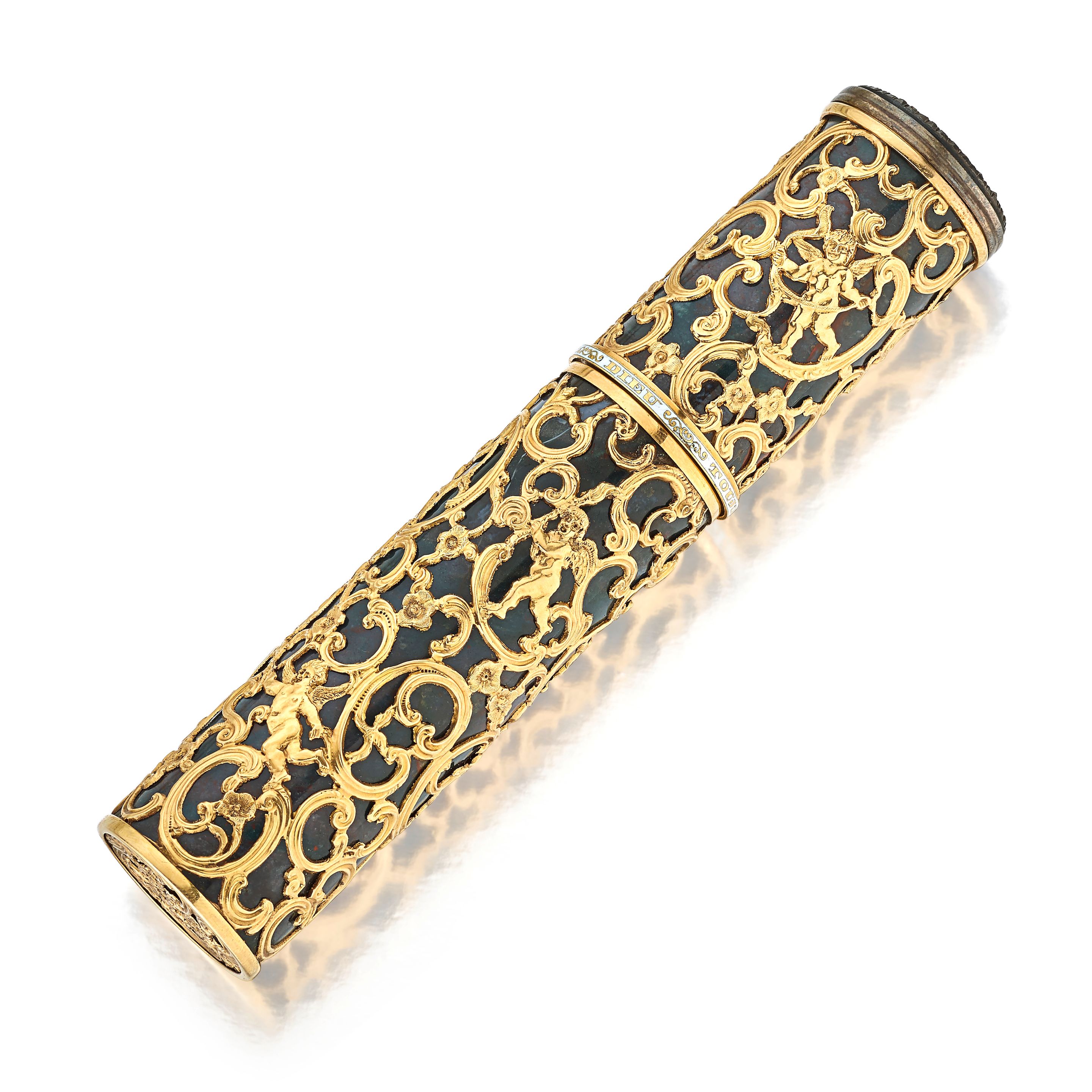A gold cage work mounted bloodstone etui with watch18th / 19th century