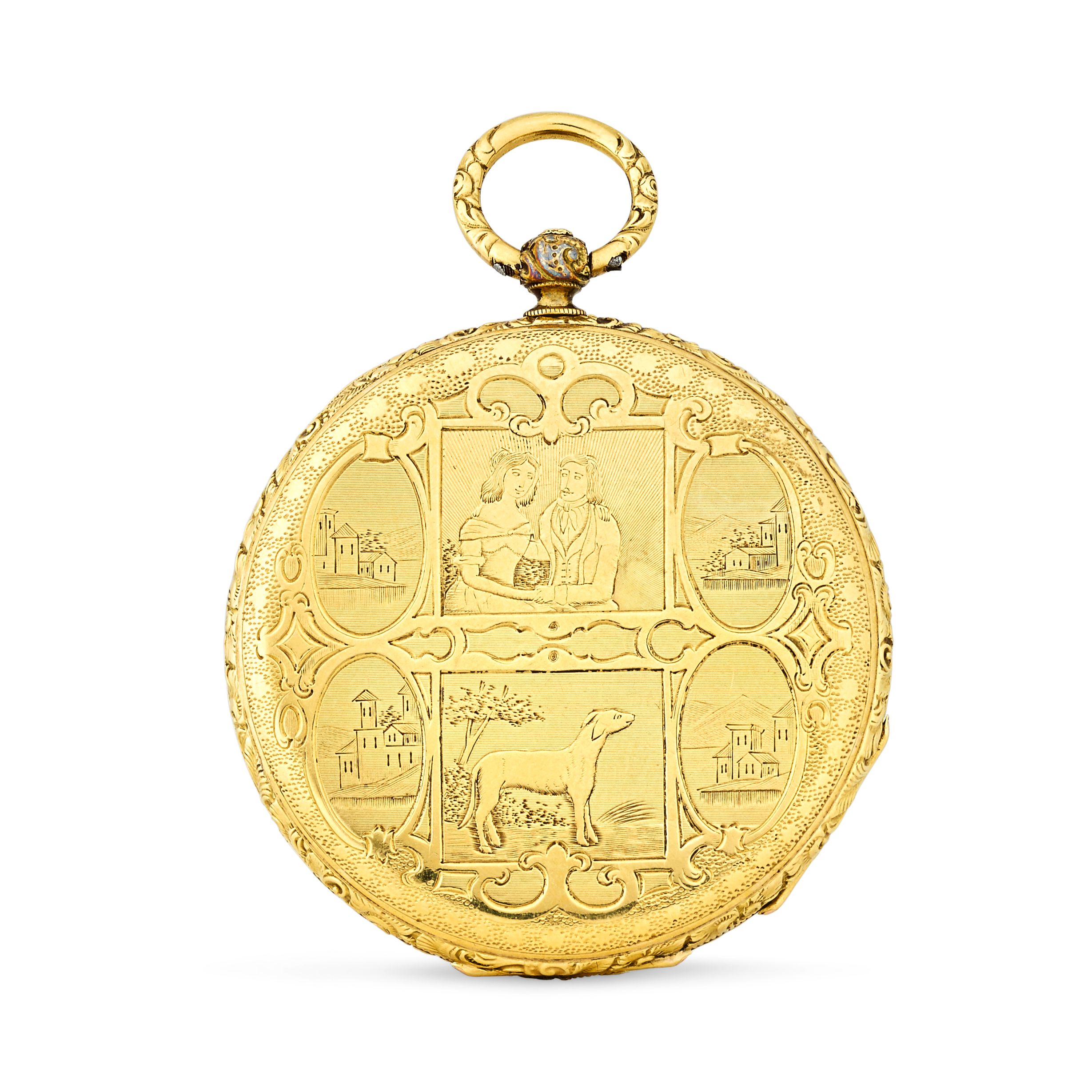 An unusual engraved 18K gold open face cylinder watch and four other watches(5)