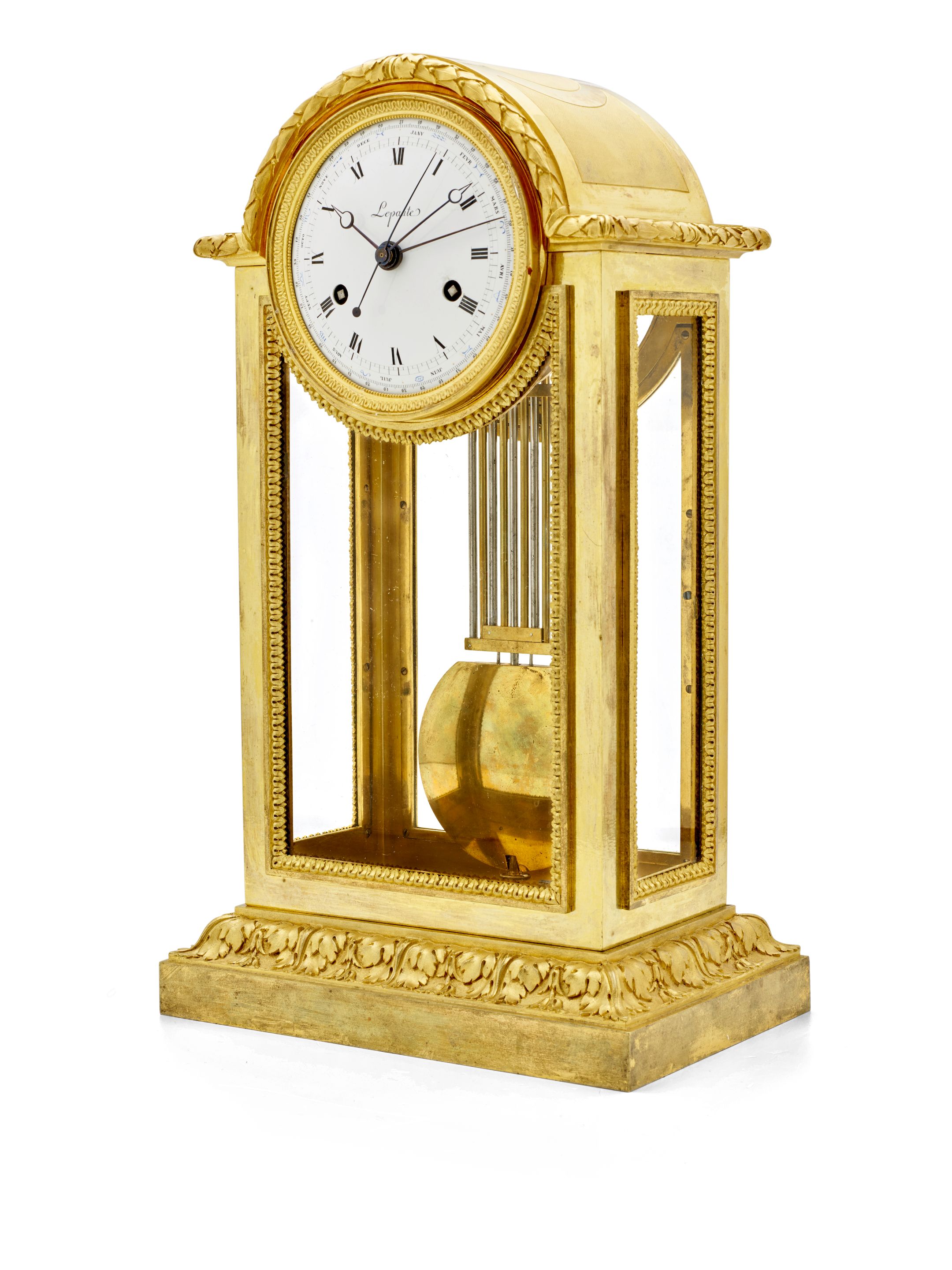 A fine French glazed ormolu center seconds mantel regulator with remontoire and year calendarSigned Lepaute à Paris Late 18th century