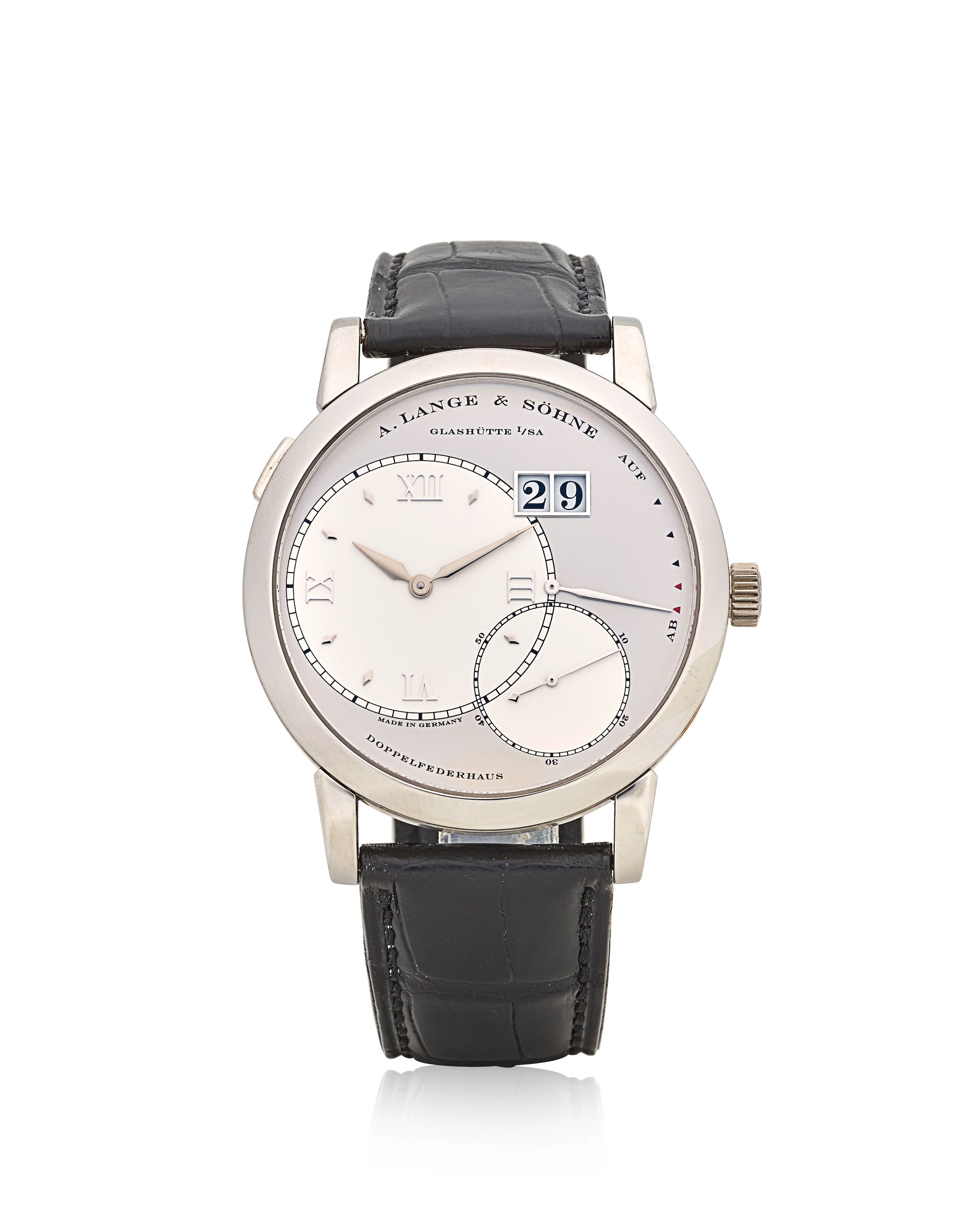 A. Lange & Söhne. A fine platinum manual wind wristwatch with date and power reserve Grand 1, Ref: 115.025, Circa 2003
