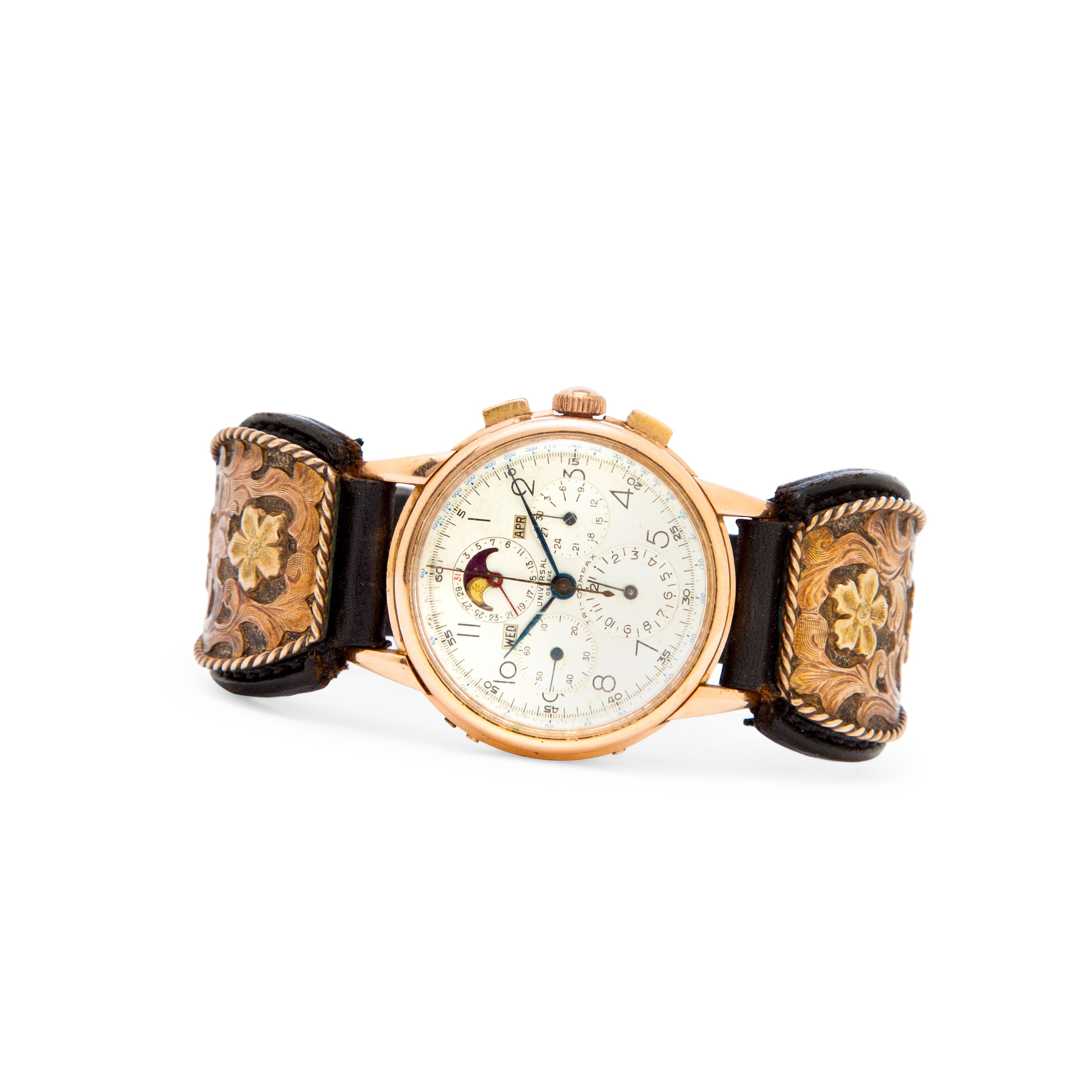 Universal Genève. A 14K rose gold chronograph wristwatch with triple calendar and moon phase and a silver and gold mounted watch strap by Edward H. ...