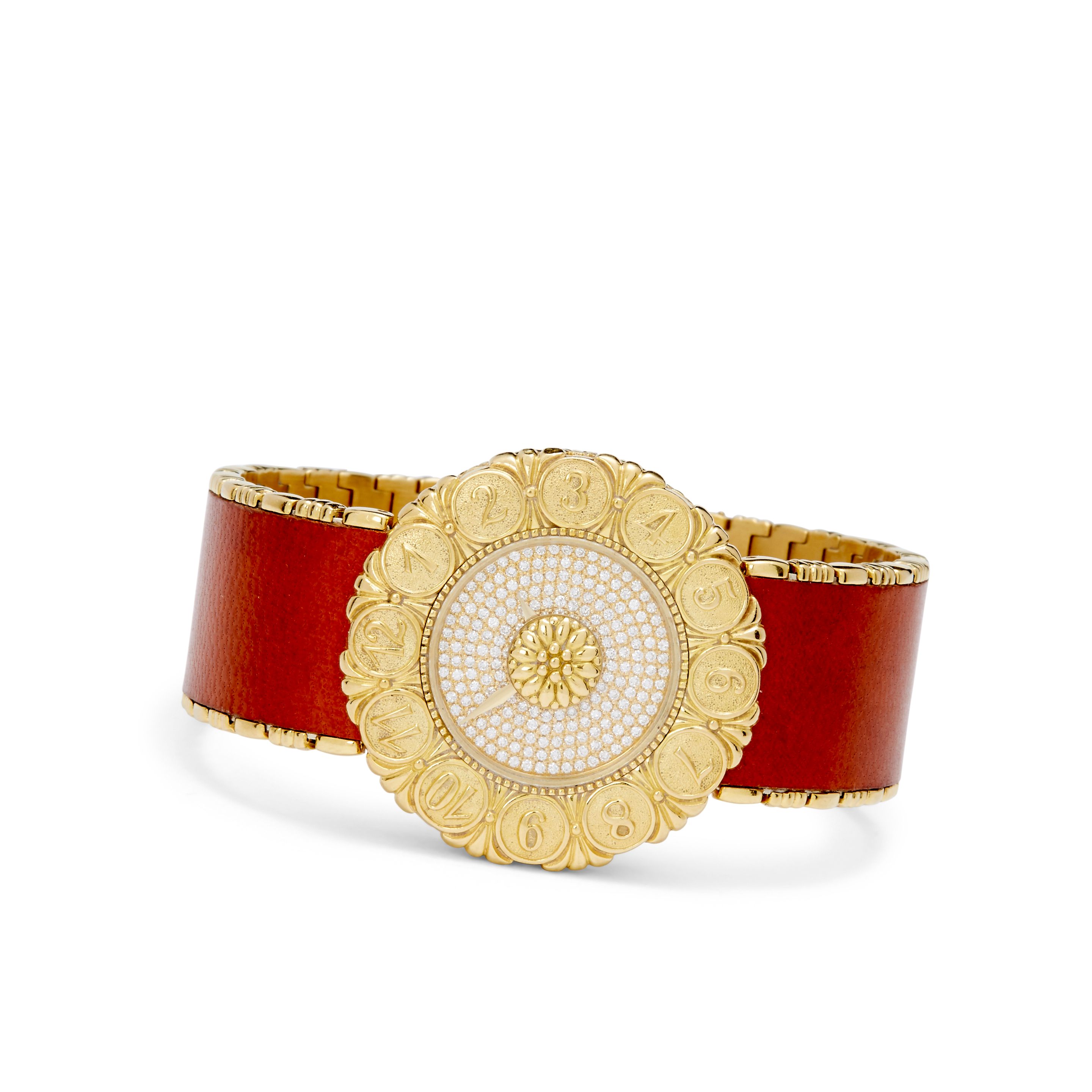 Buccellati. An 18K gold brown leather and diamond-set Eliochron bracelet watchNo. 0012 98/00, 2000's
