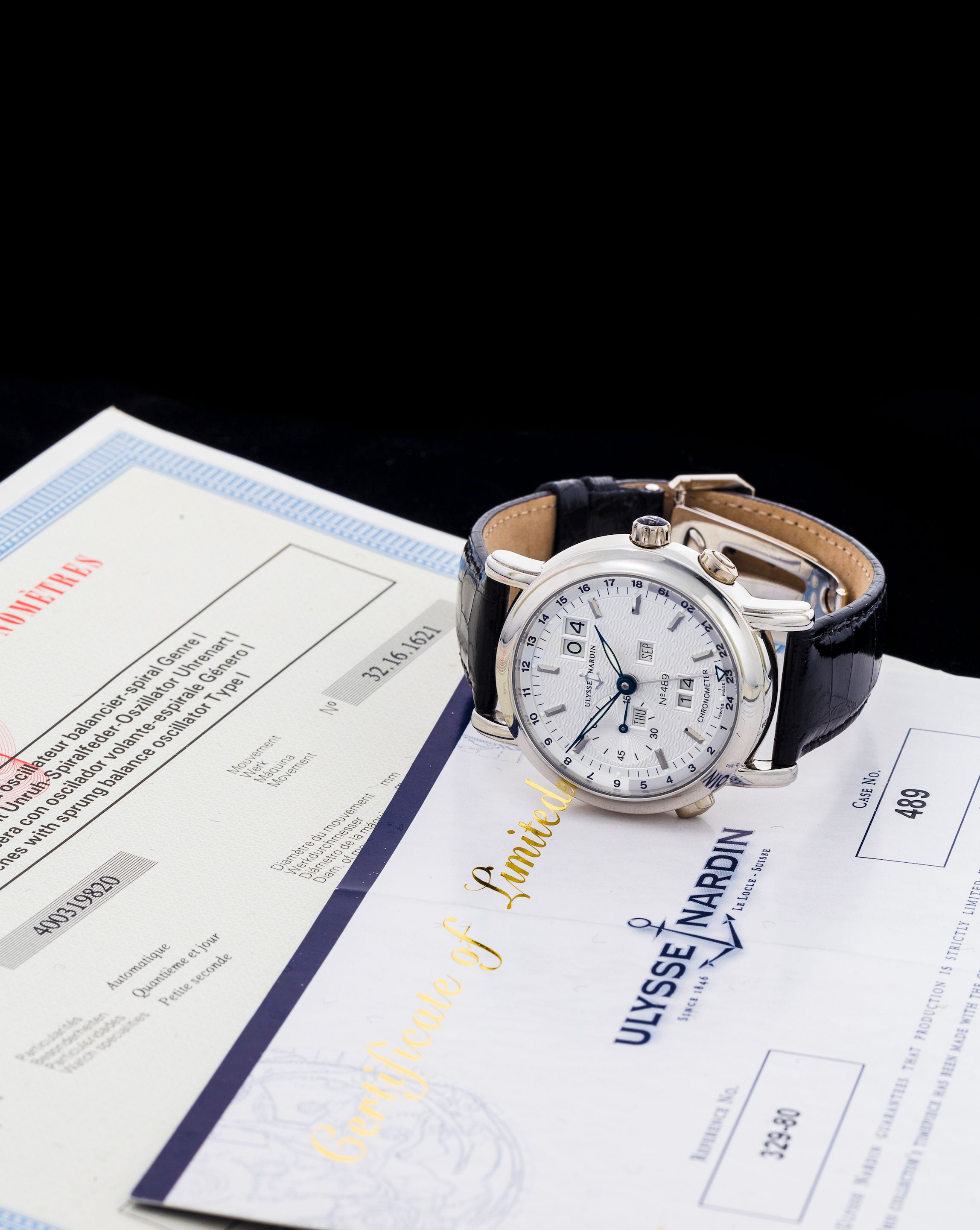 Ulysse Nardin. A fine and rare limited edition platinum wristwatch with perpetual calendar, second time zone, presentation box, COSC Certificate, and Certificate of Limited Edition ...