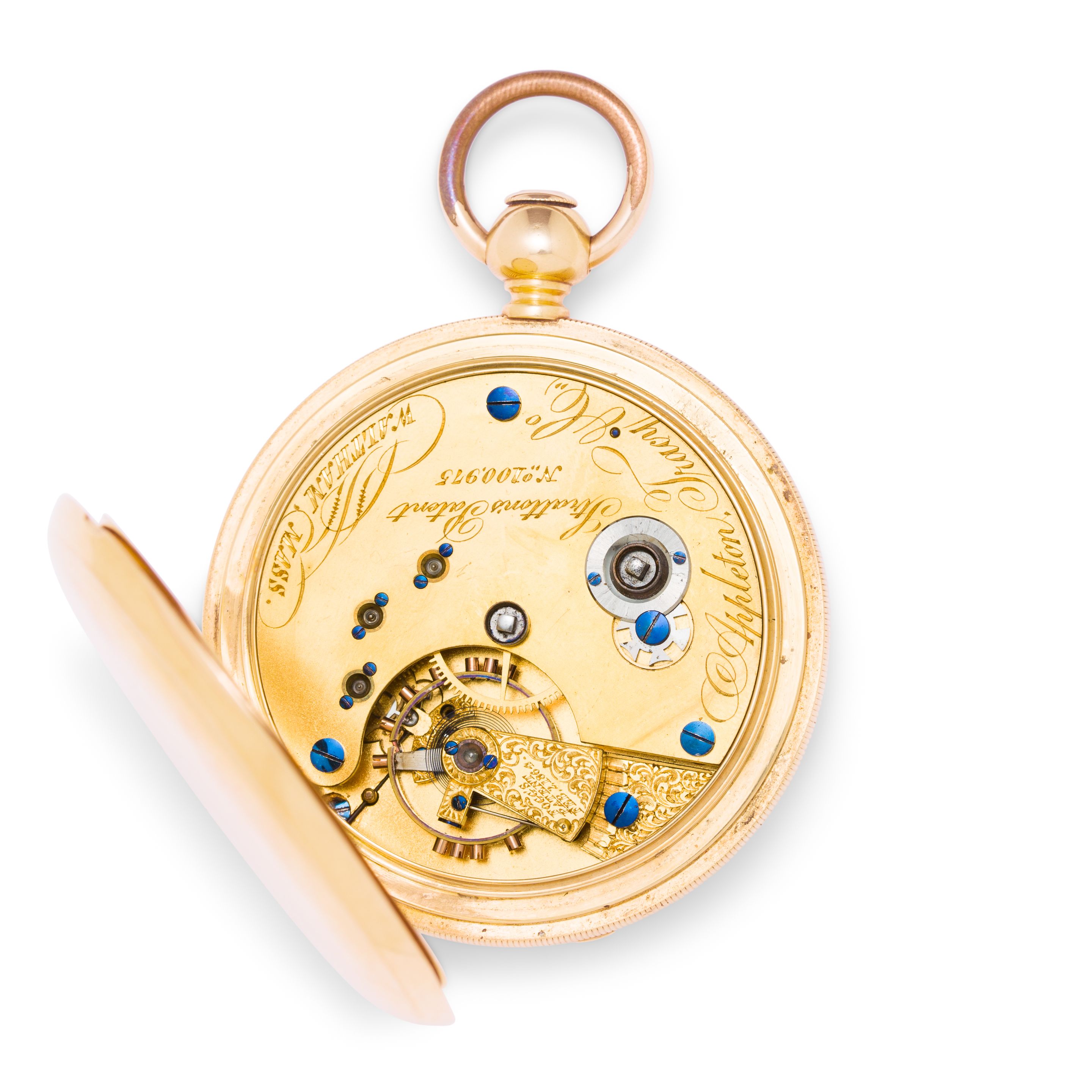 Waltham. A fine and rare 18K gold hunter cased watch with vibrating hairspring studAppleton, Tracy & Co., No. 100975