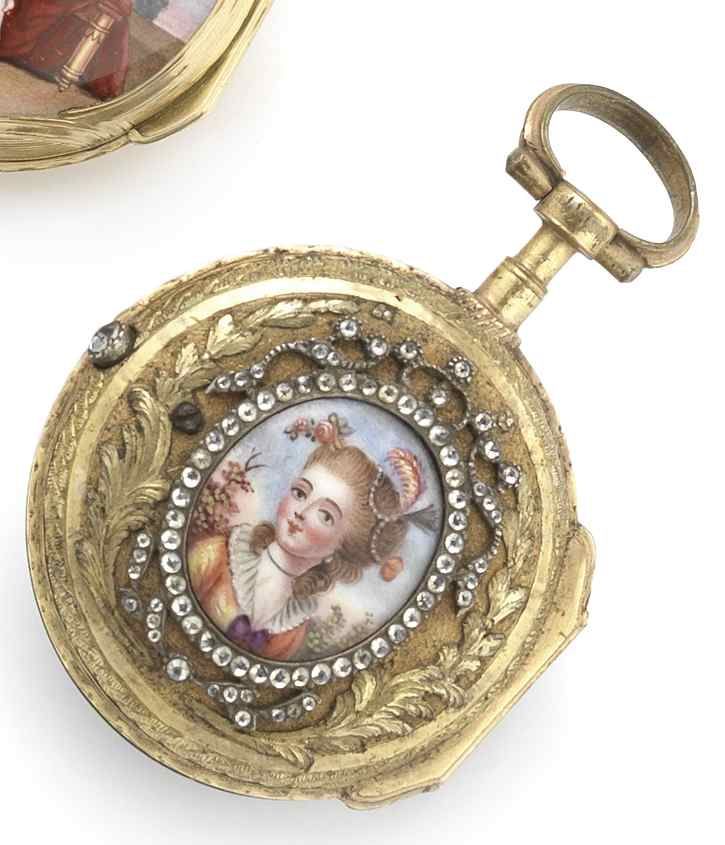 Gilbert, Paris. An early 18th century gilt metal open face pocket watch with porcelain portraitCirca 1760