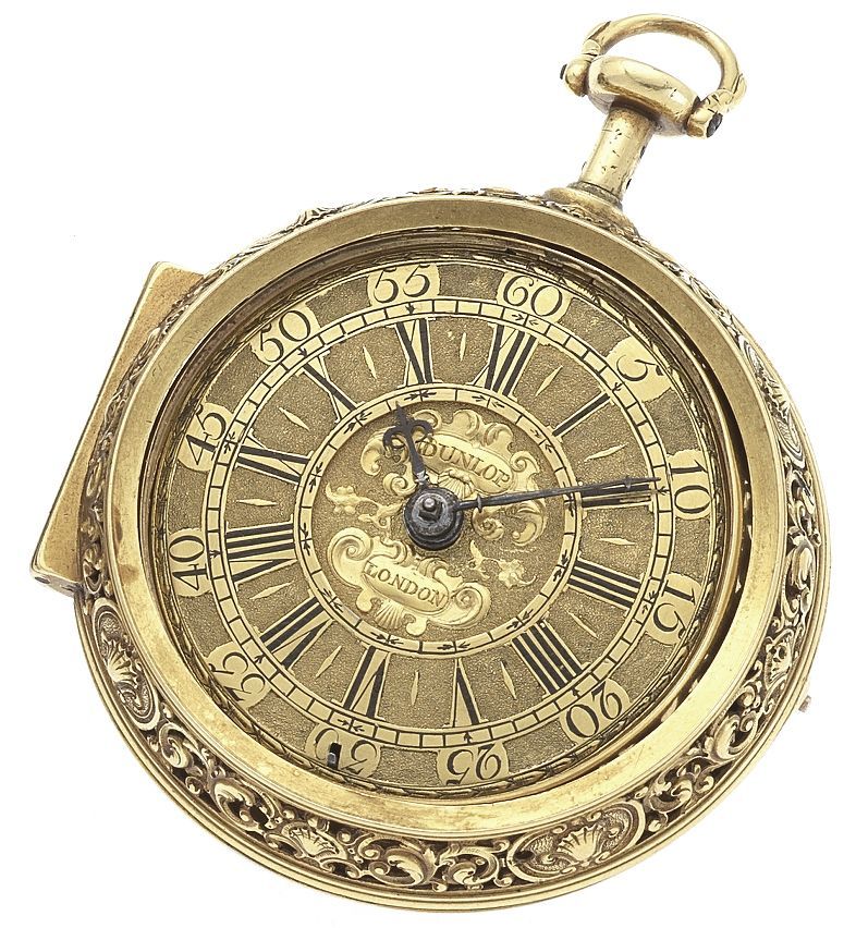 Andrew Dunlop. A very fine and rare early 18th century 22ct gold repoussé repeating pair case pocket watchLondon, Circa 1720