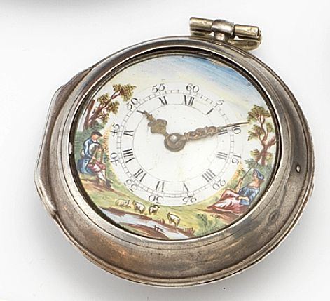James Oswald. A silver pocket watch with painted enamel dial in earlier pair caseNumber 1398, inner case hallmarked London 1780