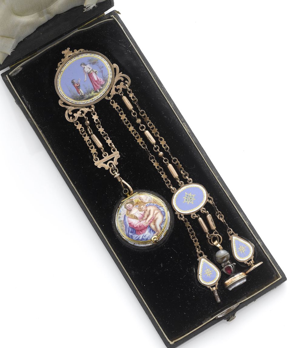 Jean Rousseau. A very fine and rare gold and enamel case pre-balance spring verge watch with later chatelaine and boxCirca 1660