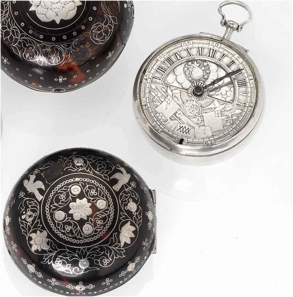English. An early 18th century silver and tortoiseshell pair cased pocket watch with Sun and Moon indication circa 1700