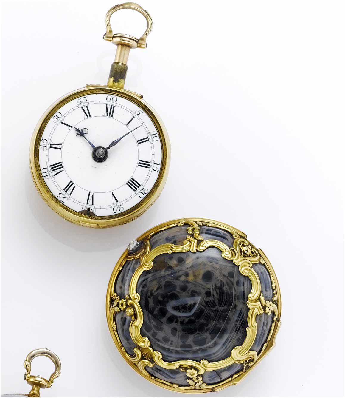 A fine and rare 18th century 22ct gold and striated agate pair cased repeating pocket watch circa 1760