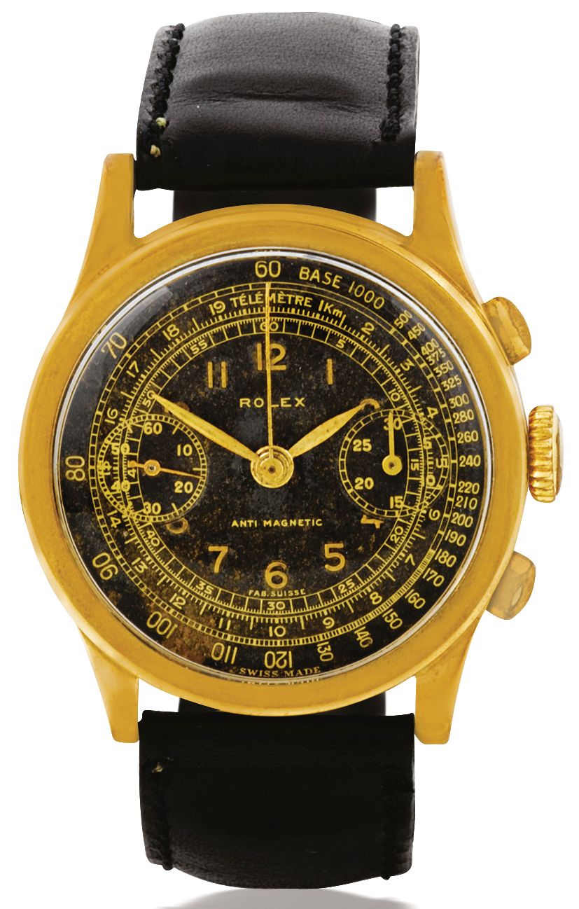 Rolex. A fine and rare 9ct gold chronograph wristwatch with black dialRef:2811. Glasgow Import mark for 1937