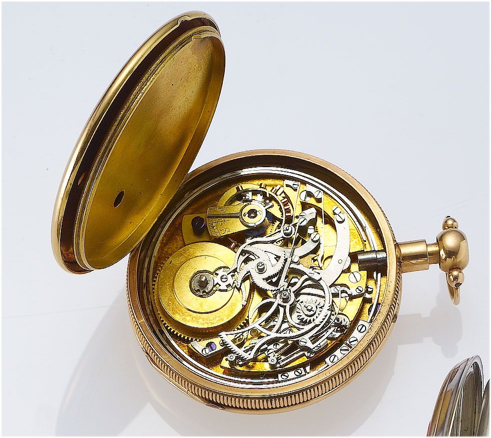 Swiss. An early 19th century rose gold open faced repeating pocket watch