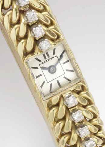 Cartier. A fine lady's 18ct gold and diamond set bracelet watch together with fitted Cartier boxMontre Caree, London Import mark for 1960