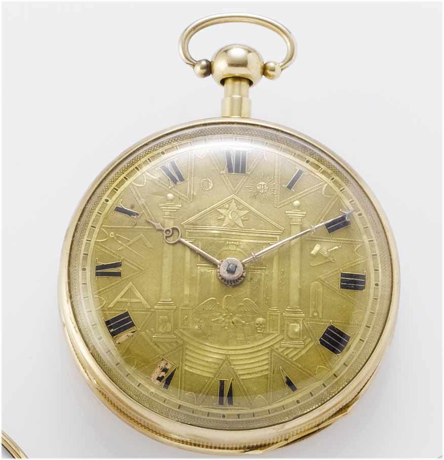 Swiss. A fine mid 19th century gold cased open face Masonic pocket watch Case No.18364, circa 1860