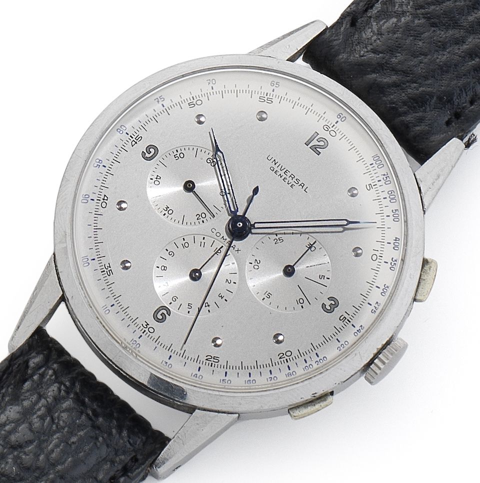 Universal. A fine and rare stainless steel oversized manual wind chronograph wristwatchCompax, Movement No.260453, Case No.1193794/22430, Circa 1945