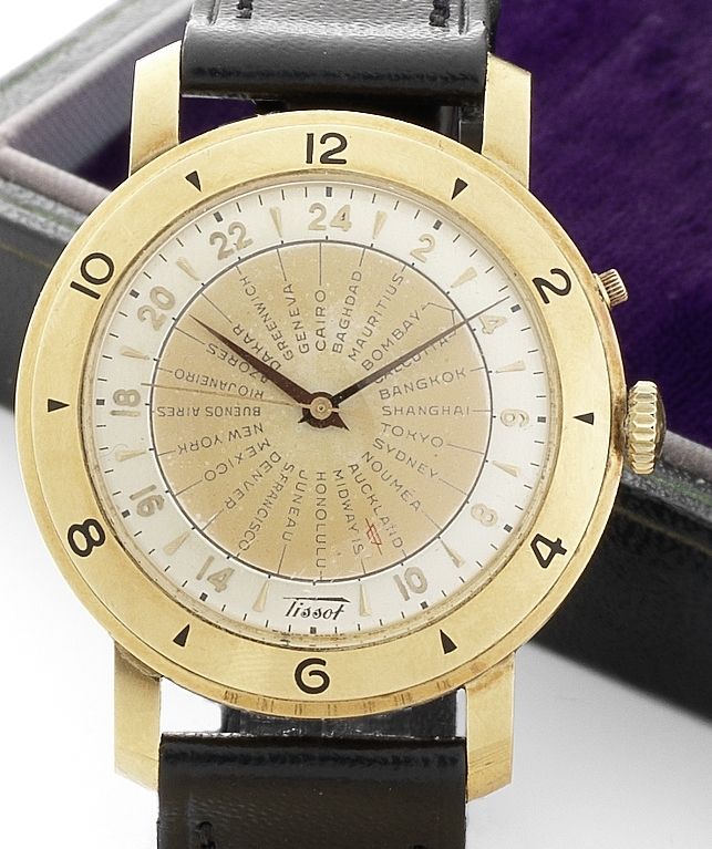 Tissot. An 18ct automatic world time wristwatchNavigator, Case No.4041530, Movement No.2798670, Circa 1950