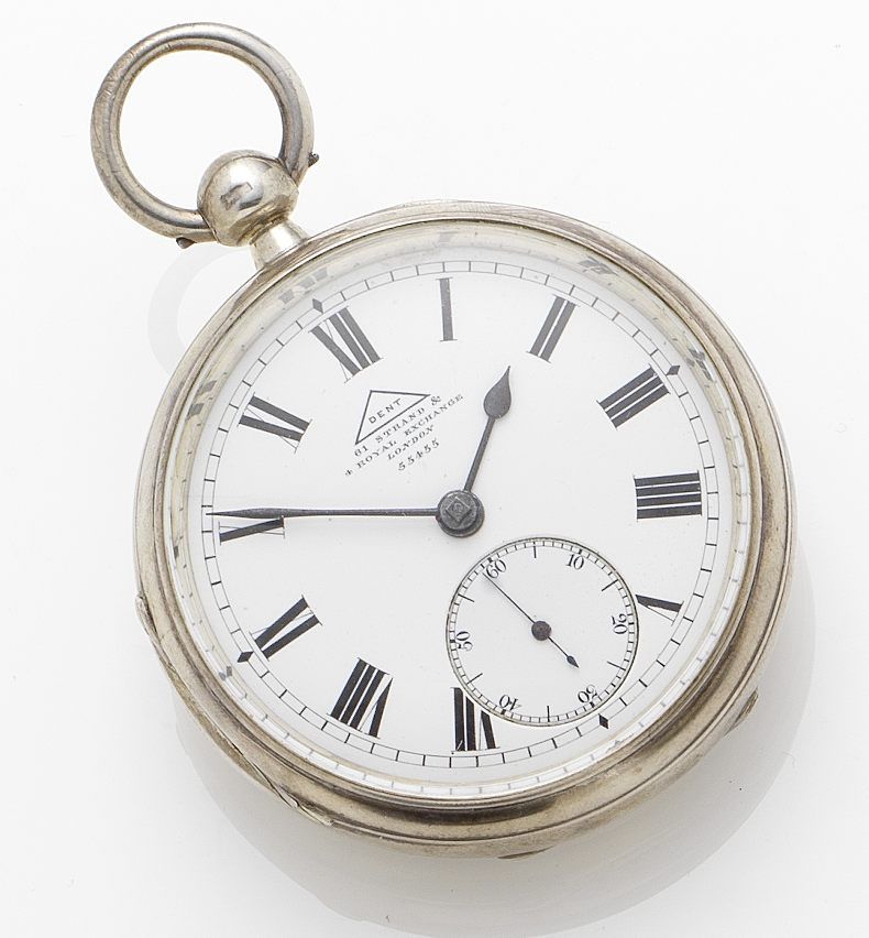 Dent. An early 20th century key wind silver free sprung open face pocket watchNumbered on the case and dial 55455, London Hallmark for 1906 and ...
