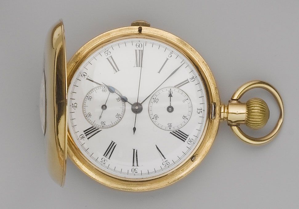 Swiss. A late 19th century 18ct gold half hunter chronograph pocket watch