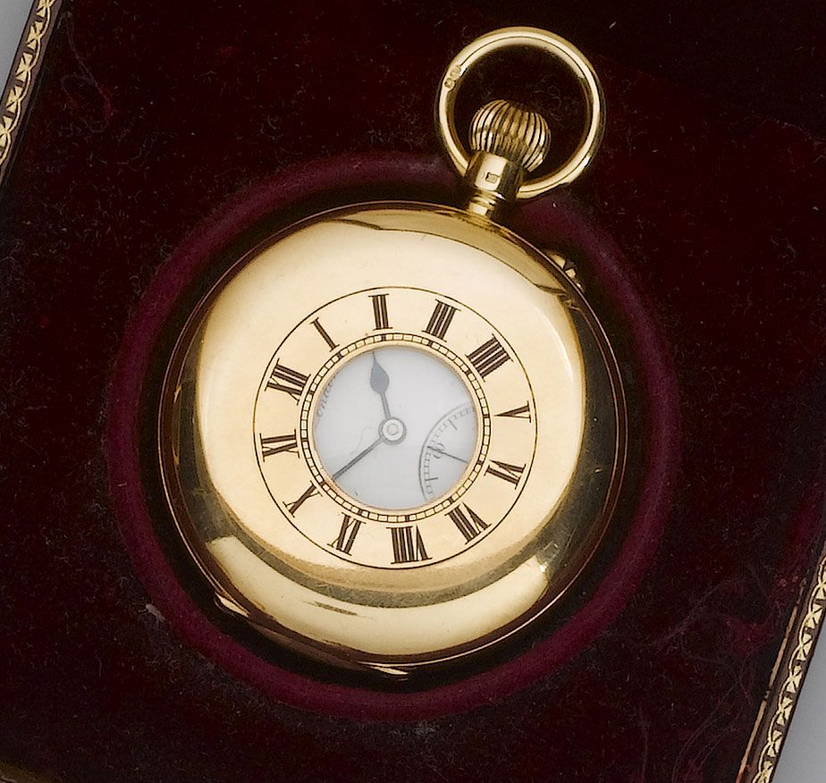 J.W. Benson. An 18ct gold half hunter pocket watch with makers box London Hallmark for 1915