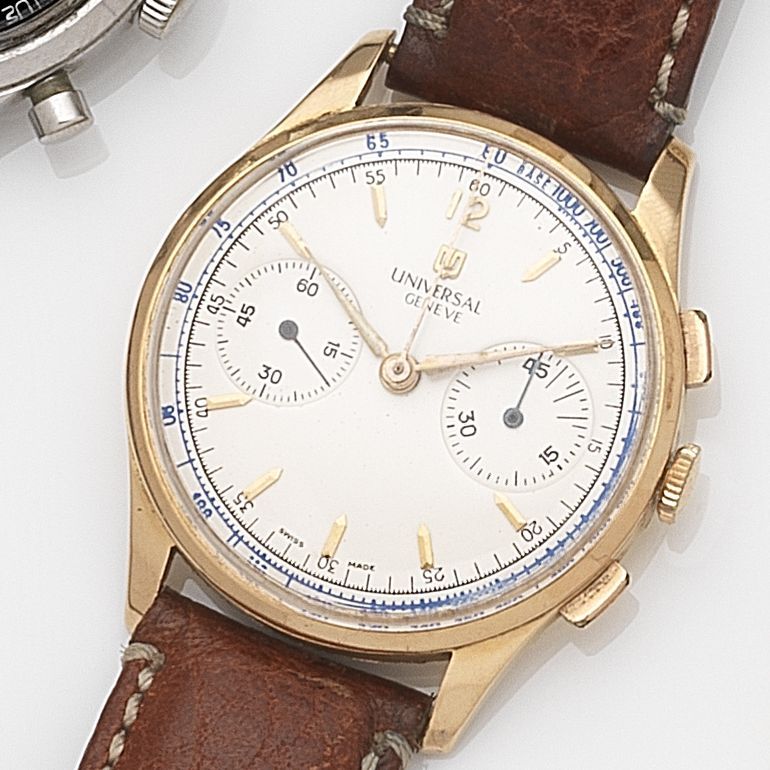 Universal. An 18ct gold manual wind chronograph wristwatchRef:124115-2, Case No.1508577, Circa 1950