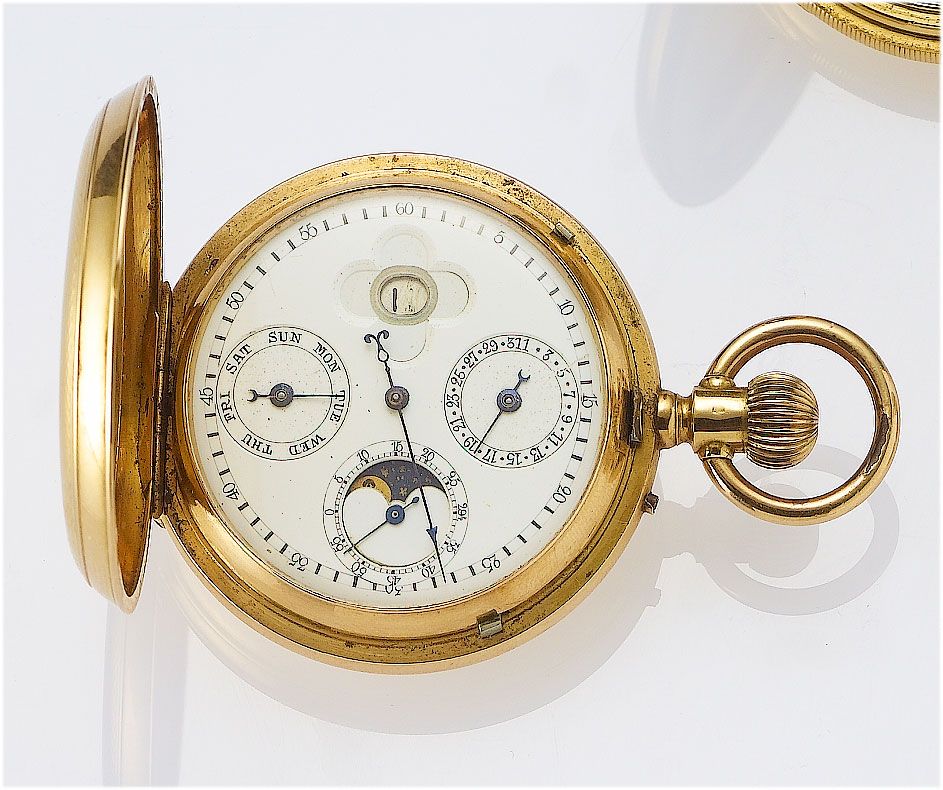 Swiss. A late 19th century 18ct gold keyless lever full hunter jumping hour calendar wristwatch Case No.20552