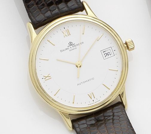 Baume & Mercier. An 18ct gold calendar automatic wristwatchRef:MVO45075, Case No.4202477, Circa 1990's